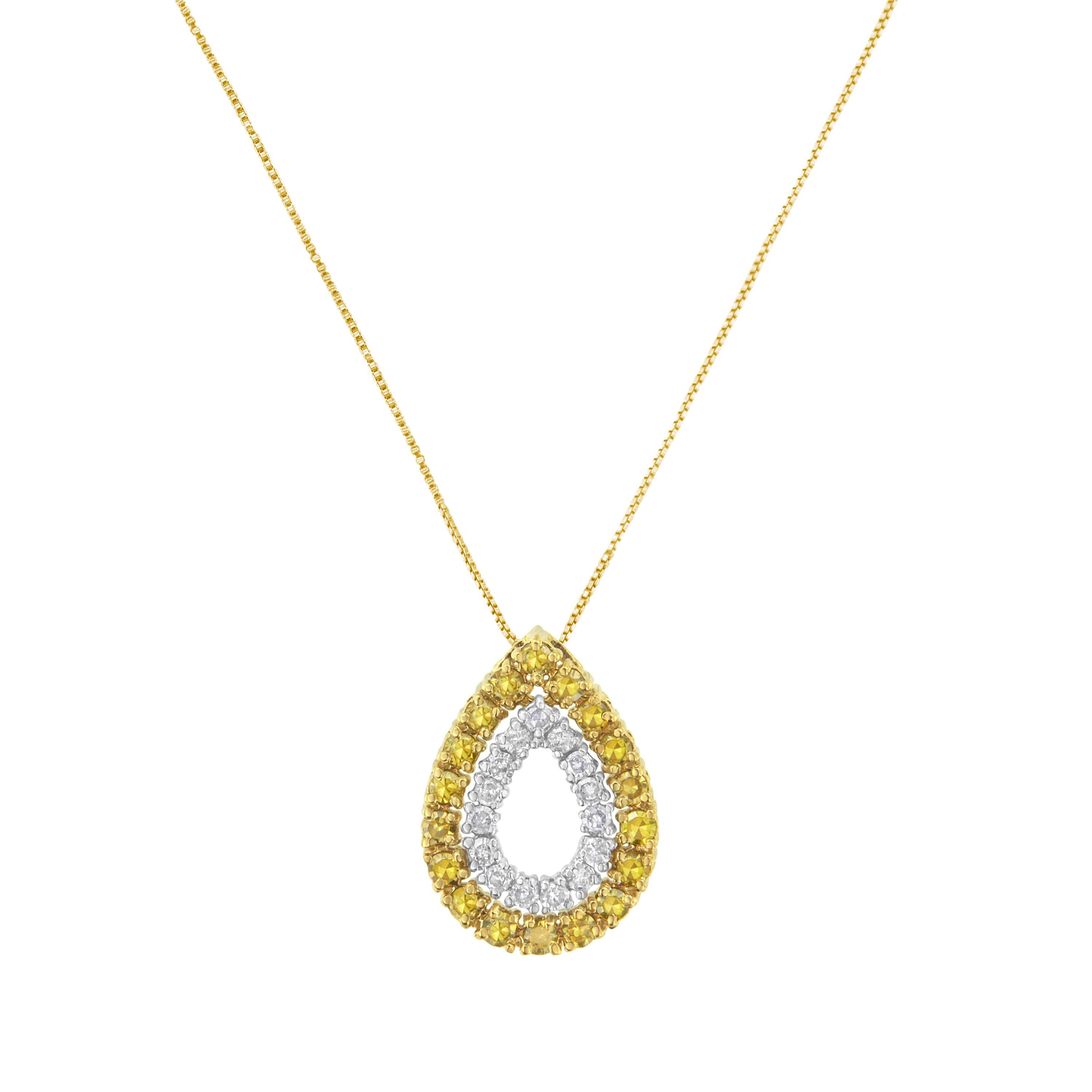 Delicate and lovely, this 14k yellow gold plated sterling silver necklace is perfect for any occasion. A hollow pear shape pendant studded with 1/2ct TDW of round cut diamonds hangs from a rope chain. A smaller pear shape inlaid in white diamonds is