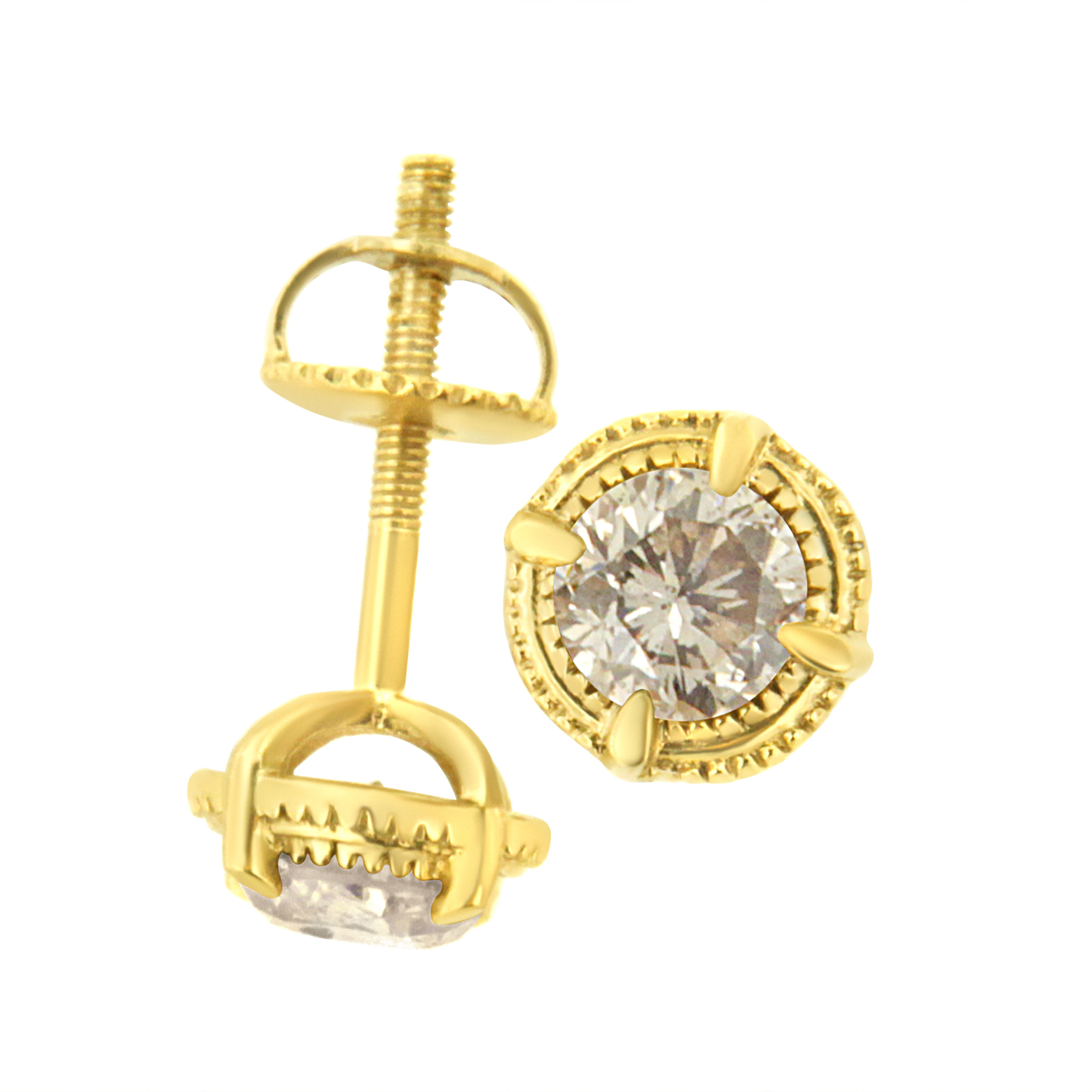 Round Cut Yellow Gold Plated Sterling Silver 1/3 Carat Diamond Milgrain Stud Earrings For Sale