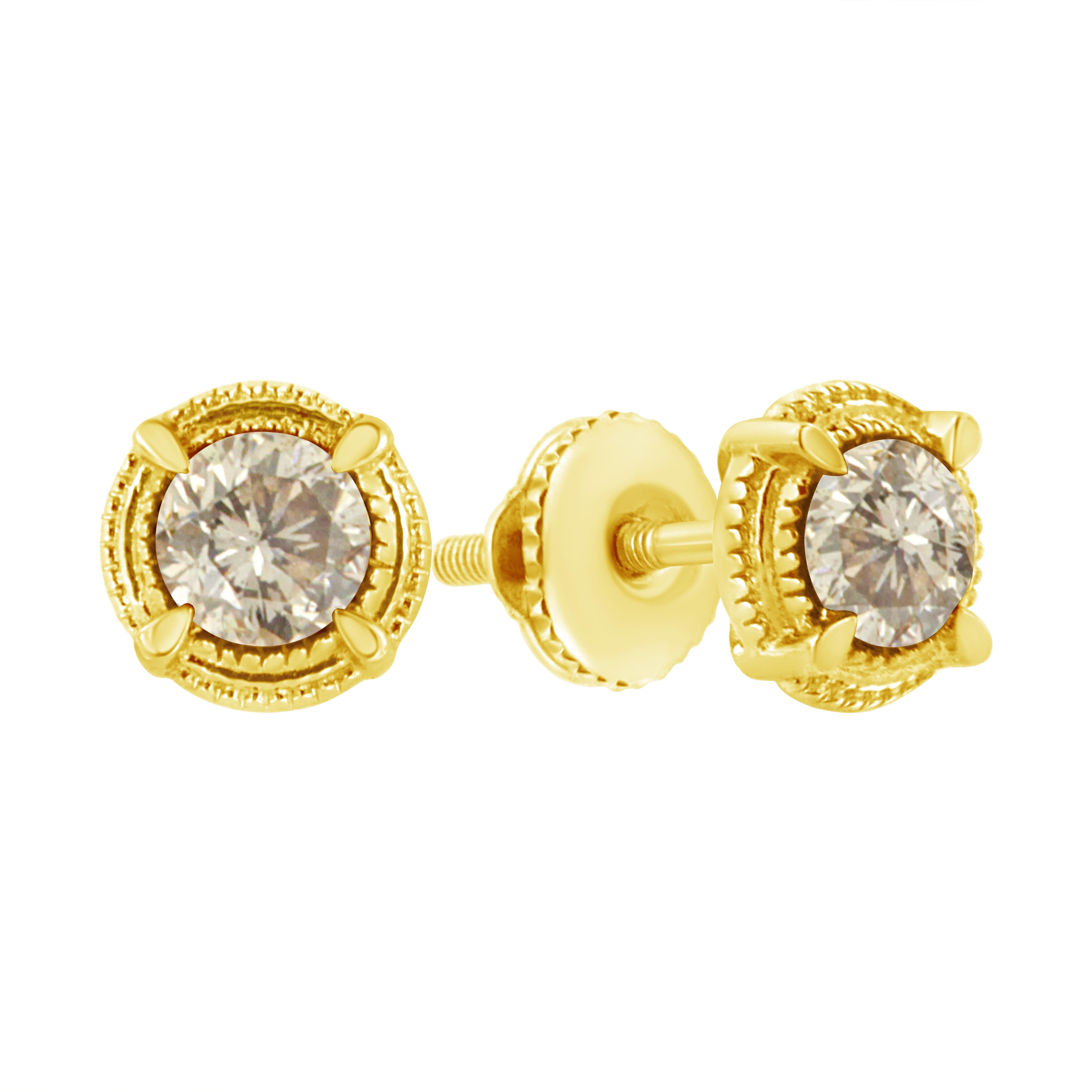 Yellow Gold Plated Sterling Silver 1/3 Carat Diamond Milgrain Stud Earrings In New Condition For Sale In New York, NY