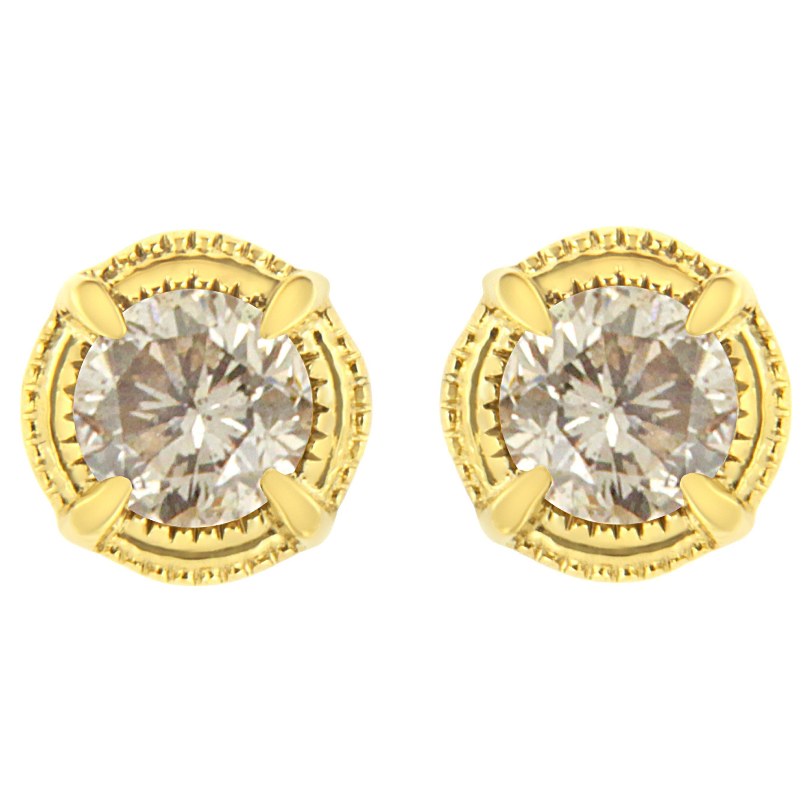 Yellow Gold Plated Sterling Silver 1/3 Carat Diamond Milgrain Stud Earrings