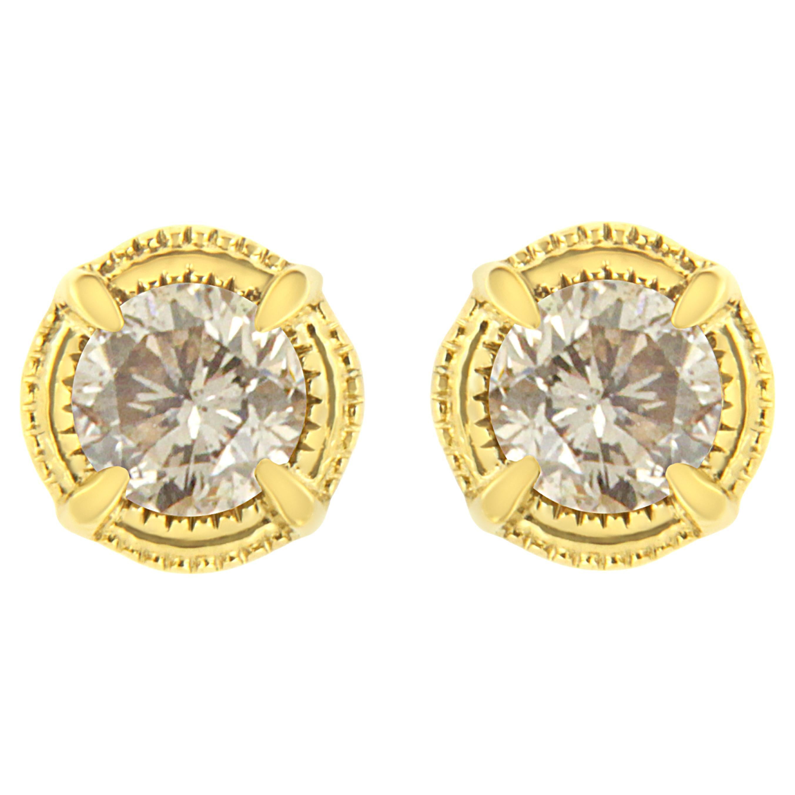 Yellow Gold Plated Sterling Silver 1/3 Carat Diamond Milgrain Stud Earrings For Sale