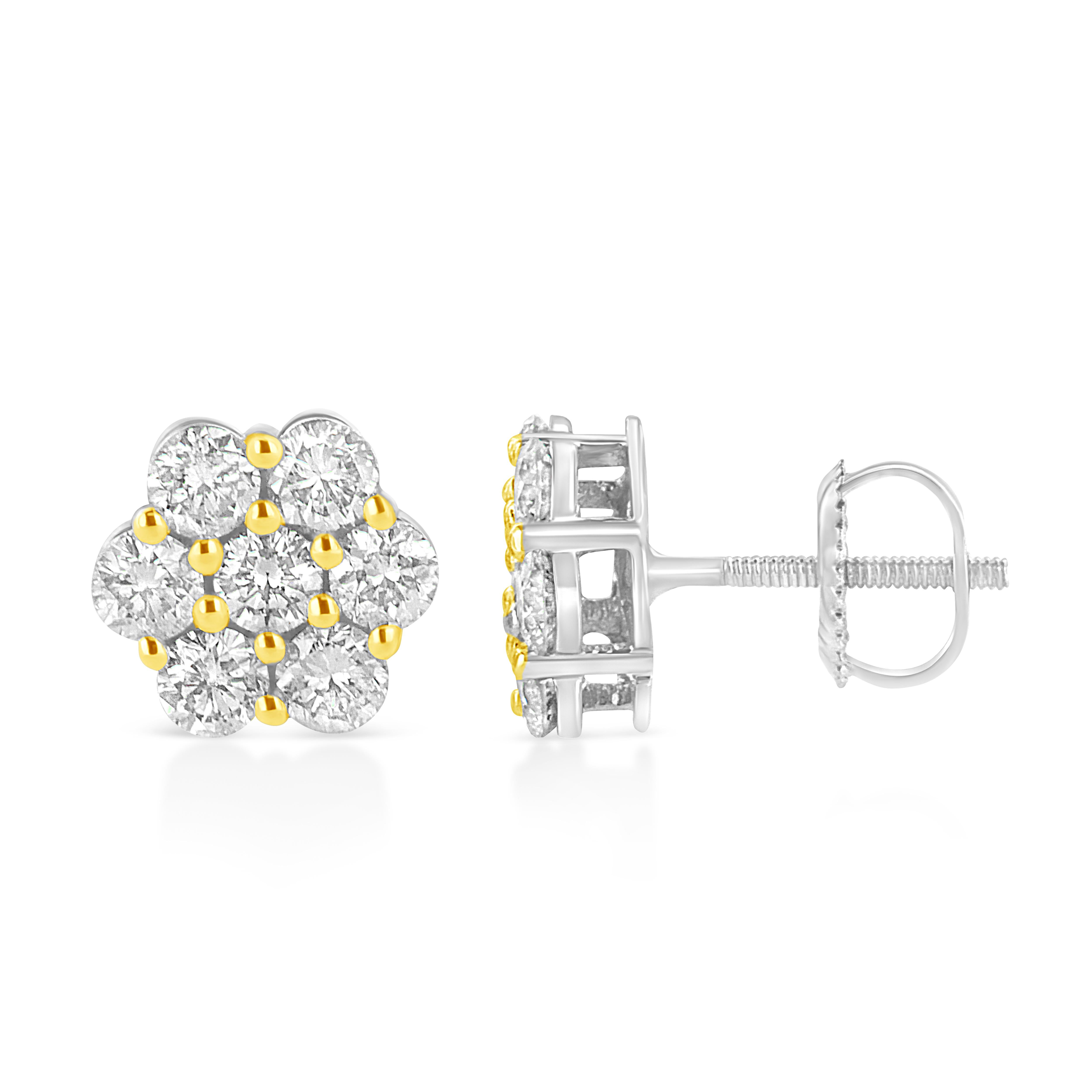 You will fall in love with these classic cluster stud earrings. A must have for any serious jewelry collection, these 14K Yellow Gold plated sterling silver earrings boast an impressive 1/4 carat total weight of diamonds with seven stones each. The
