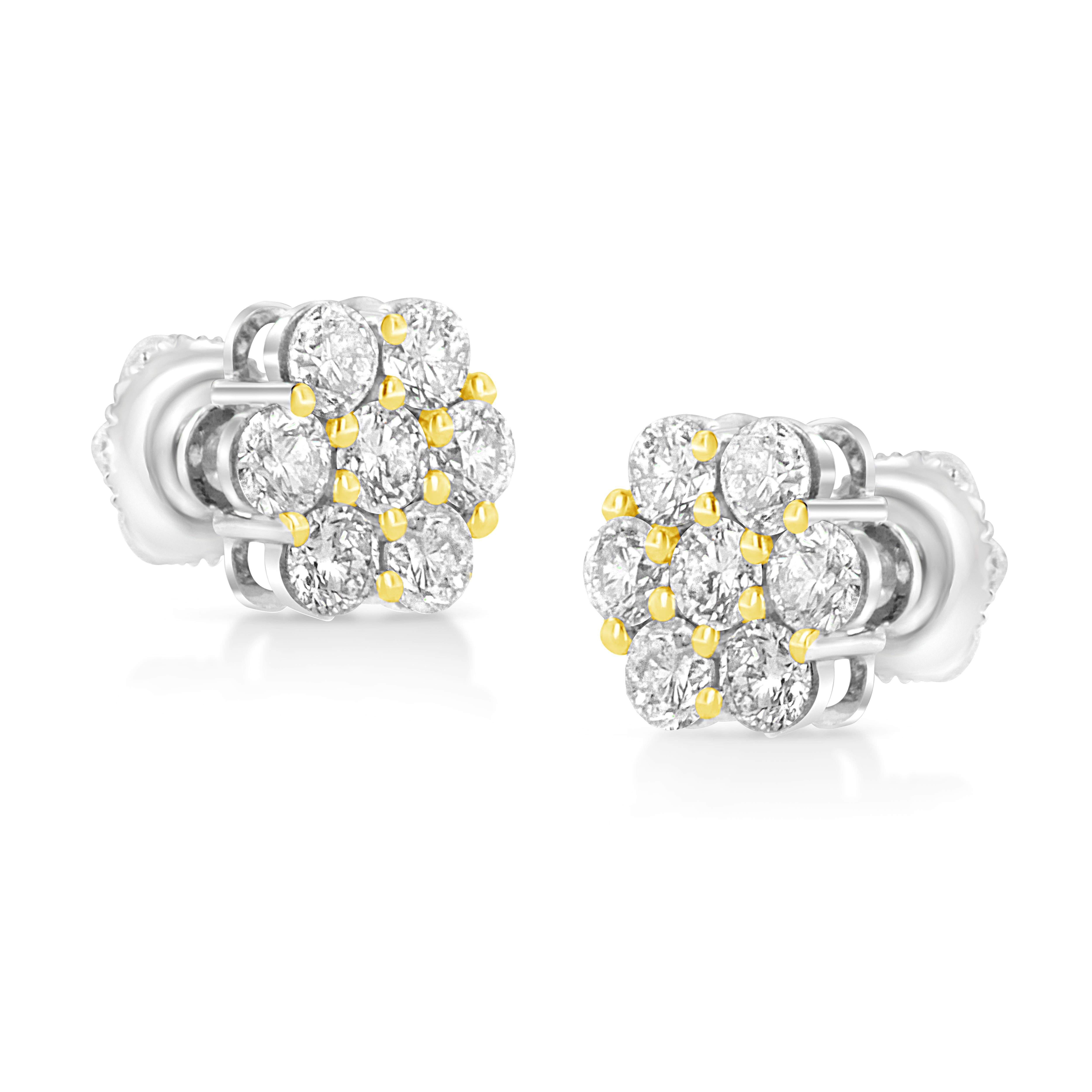 Contemporary Yellow Gold Plated Sterling Silver 1/4 Carat Diamond Floral Cluster Stud Earring For Sale