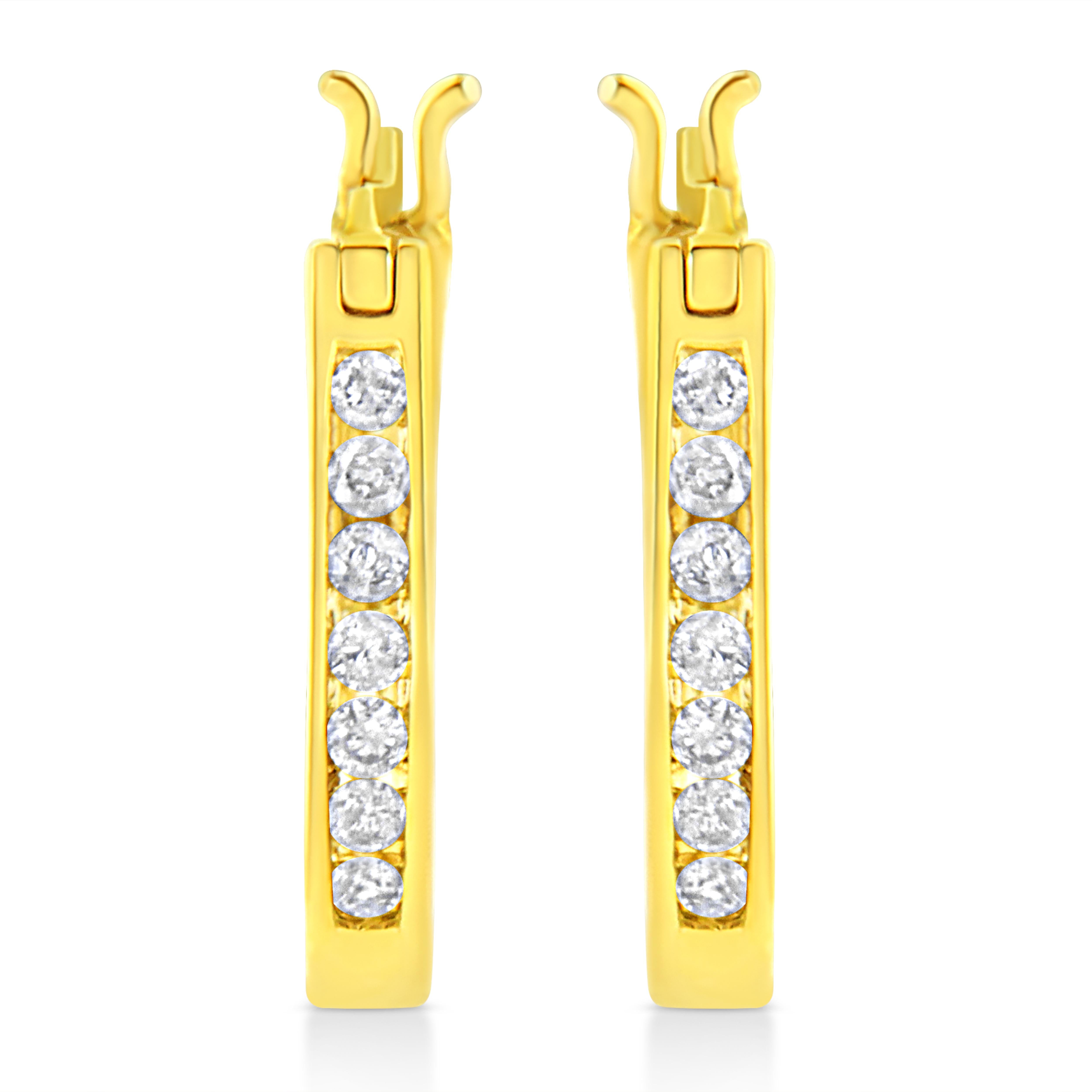 Contemporary Yellow Gold Plated Sterling Silver 1/4 Carat Diamond Leverback Hoop Earrings For Sale