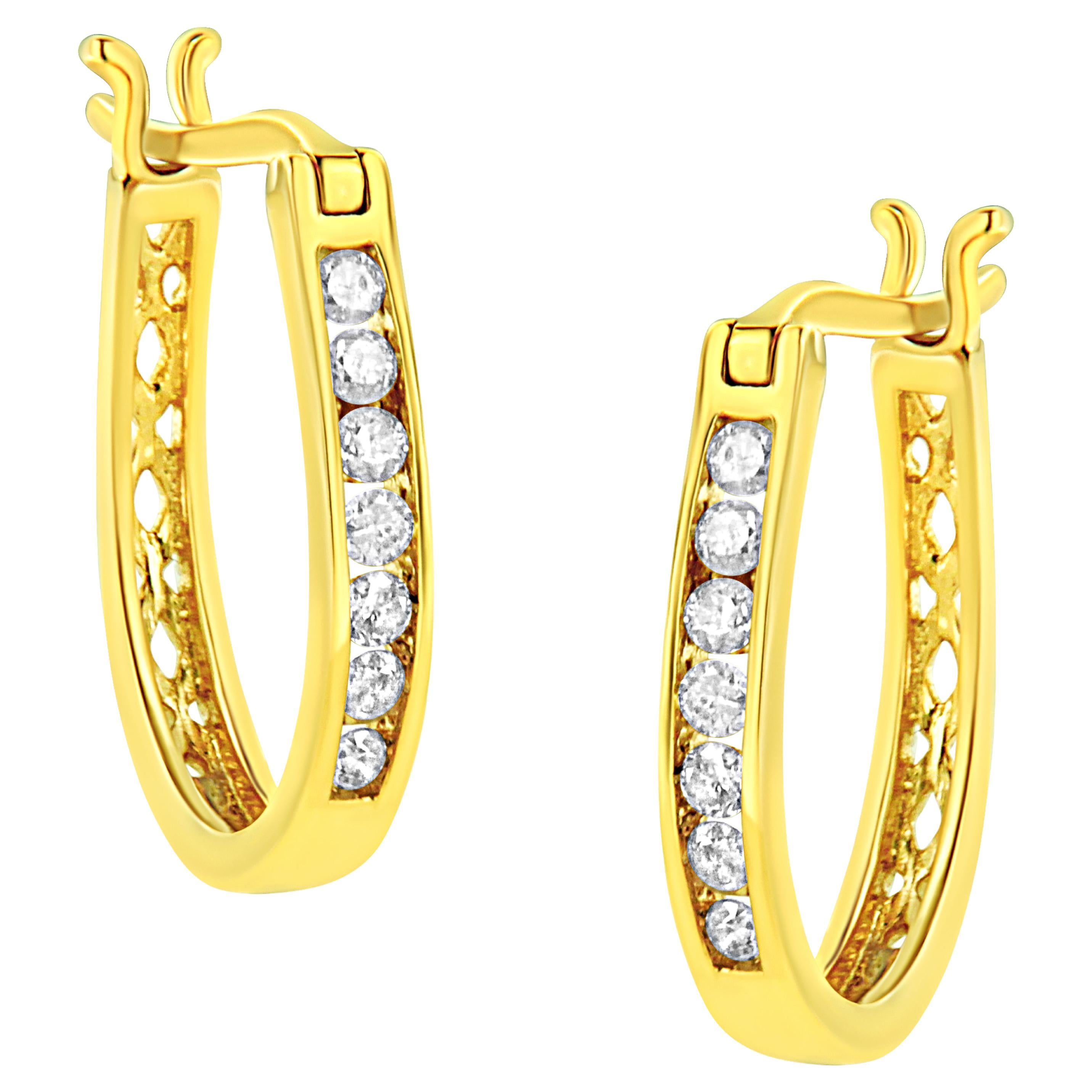 Yellow Gold Plated Sterling Silver 1/4 Carat Diamond Leverback Hoop Earrings For Sale