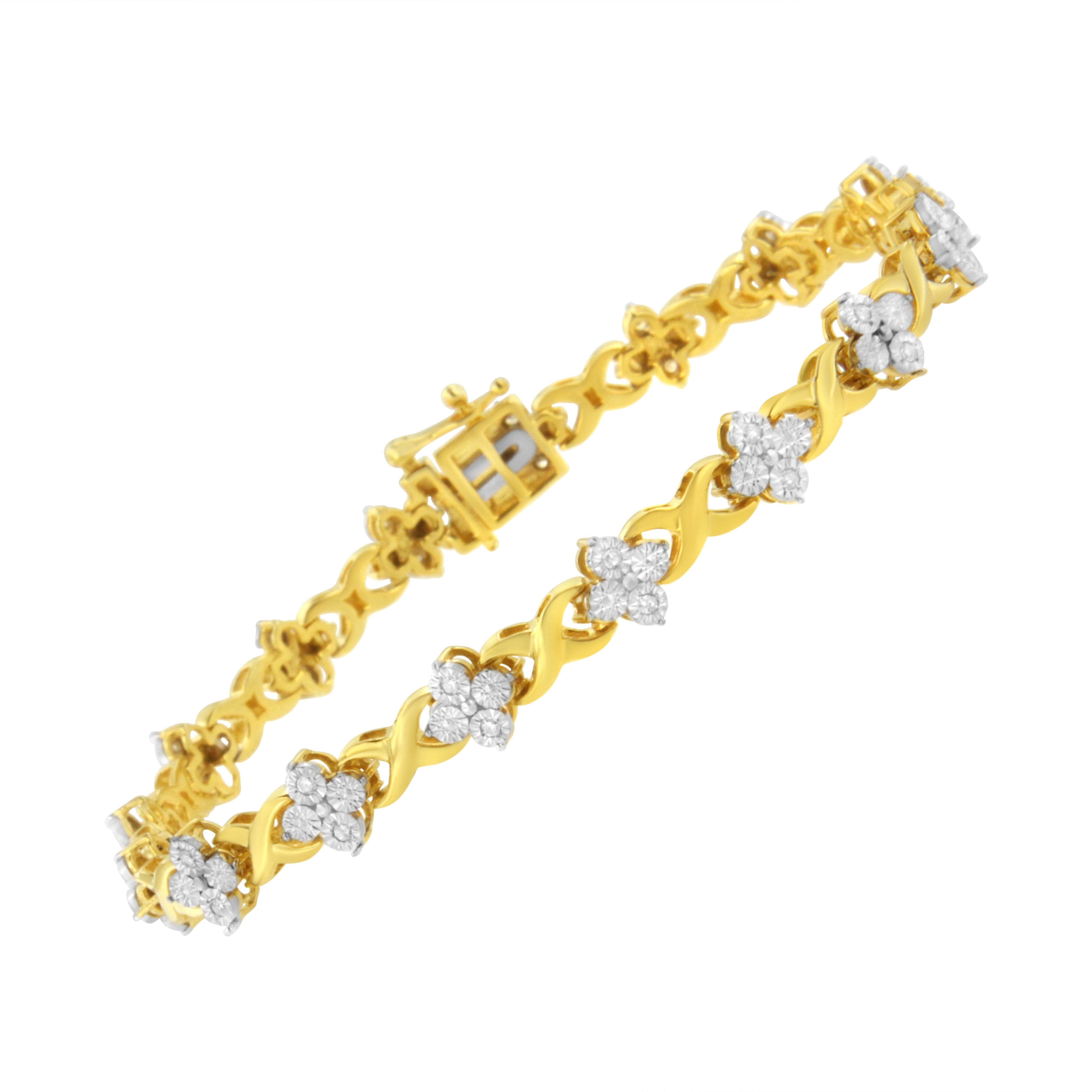 This lovely diamond bracelet displays glittering round cut diamonds mounted in a floral inspired shape that link together by polished yellow gold X's. Crafted from 10k yellow gold plated sterling silver, this bracelet features 1/4ct TDW of natural