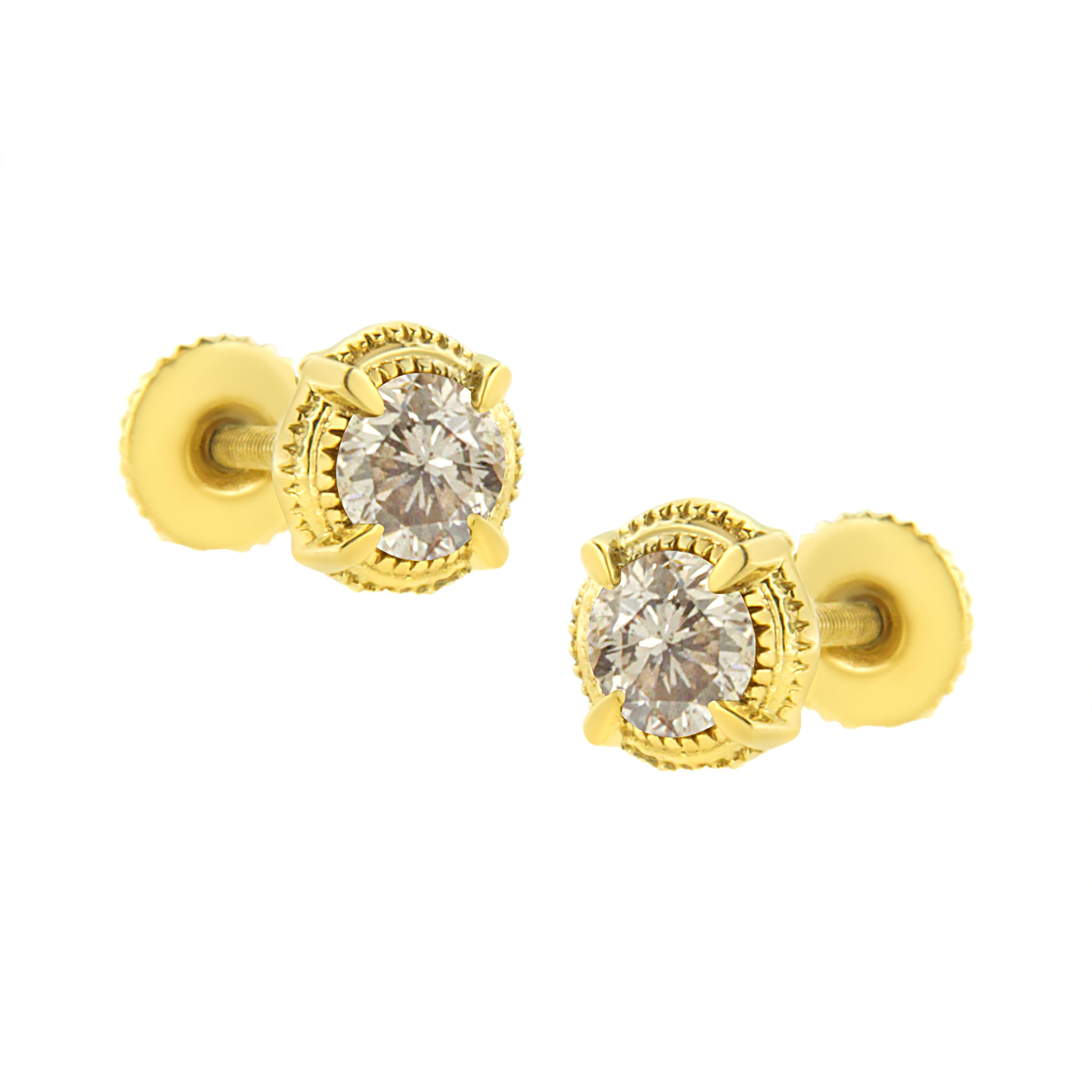 Contemporary Yellow Gold Plated Sterling Silver 1/4 Carat Diamond Milgrain Stud Earrings For Sale
