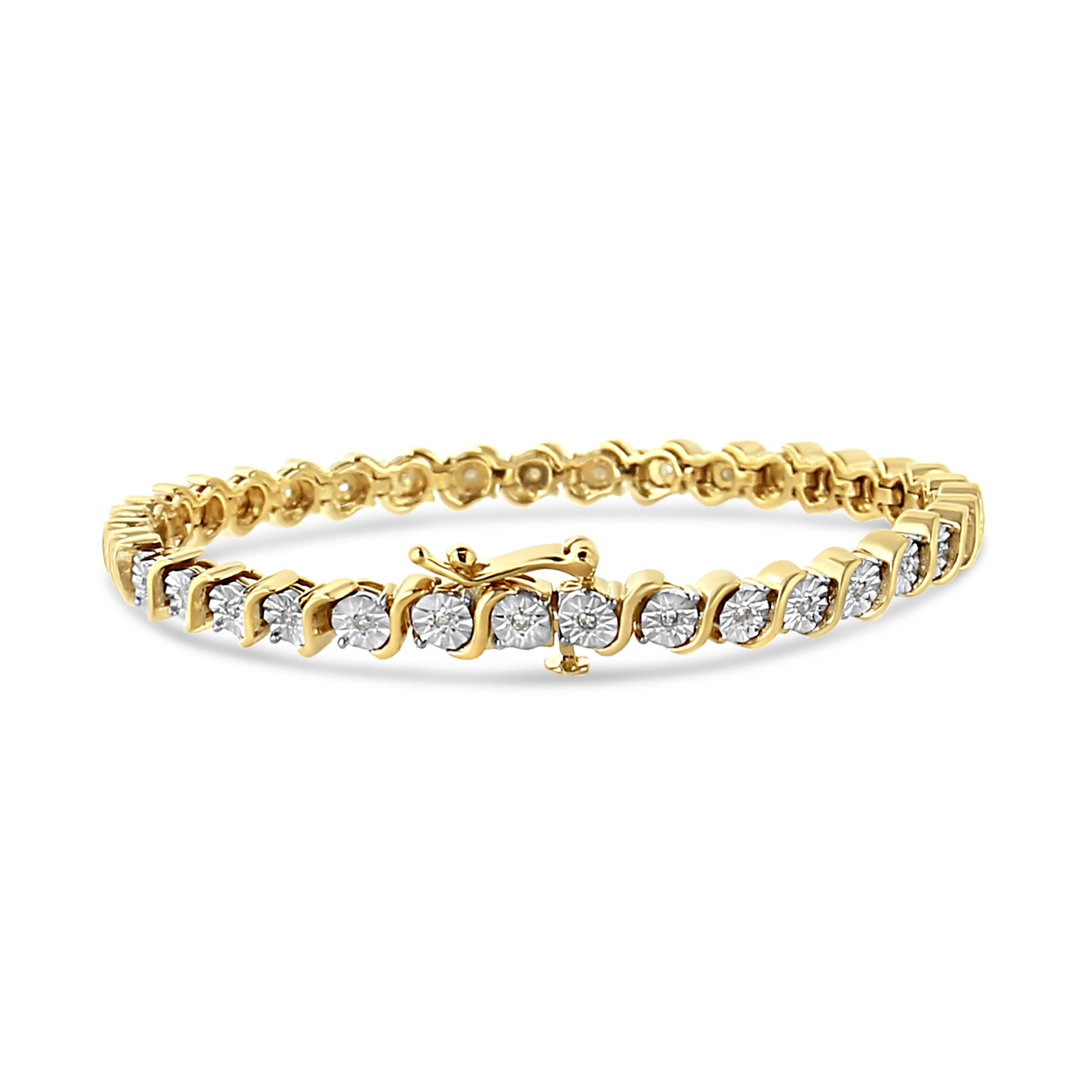 Adorn yourself with this gorgeous diamond tennis bracelet at any event for a touch of classic dazzle and elegance. Crafted in 14K Yellow Gold plated .925 Sterling Silver, this enticing design features shimmering, natural diamonds - masterfully set
