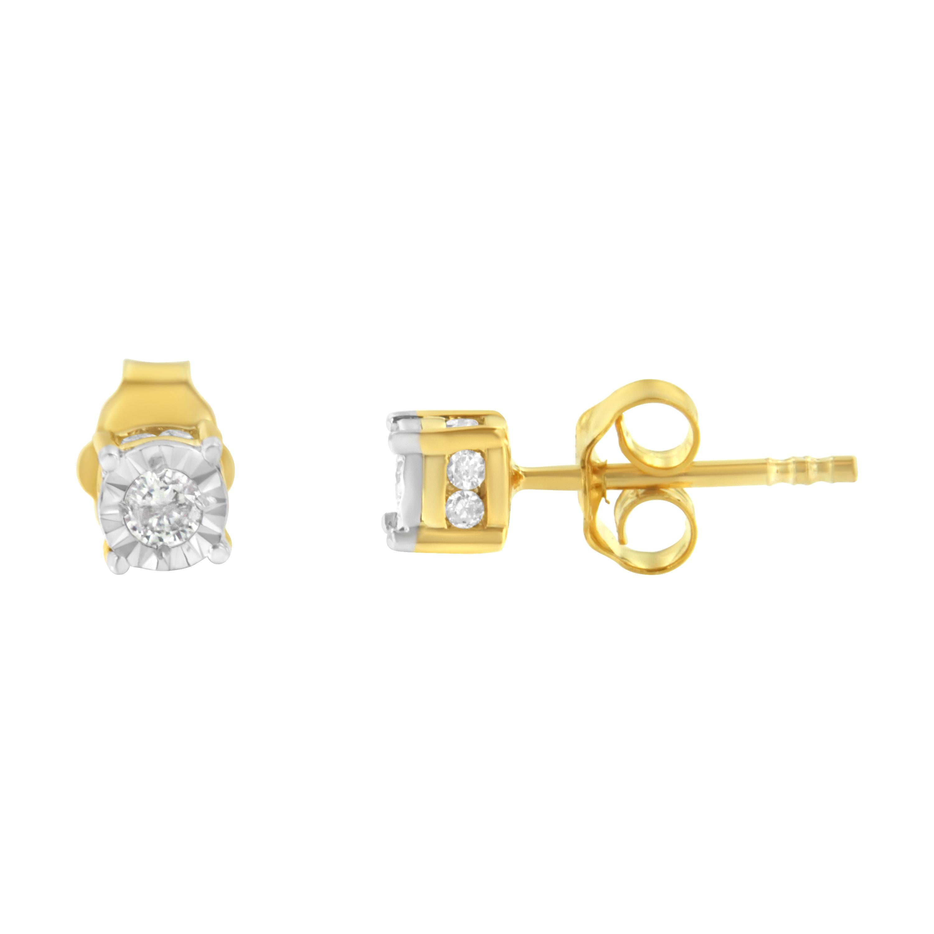 This charming pair of diamond studs features solitaire round brilliant cut diamonds. The classic design is crafted in yellow plated sterling silver making them the perfect to add sparkle to any outfit. The total diamond weight is 1/4 carat.

