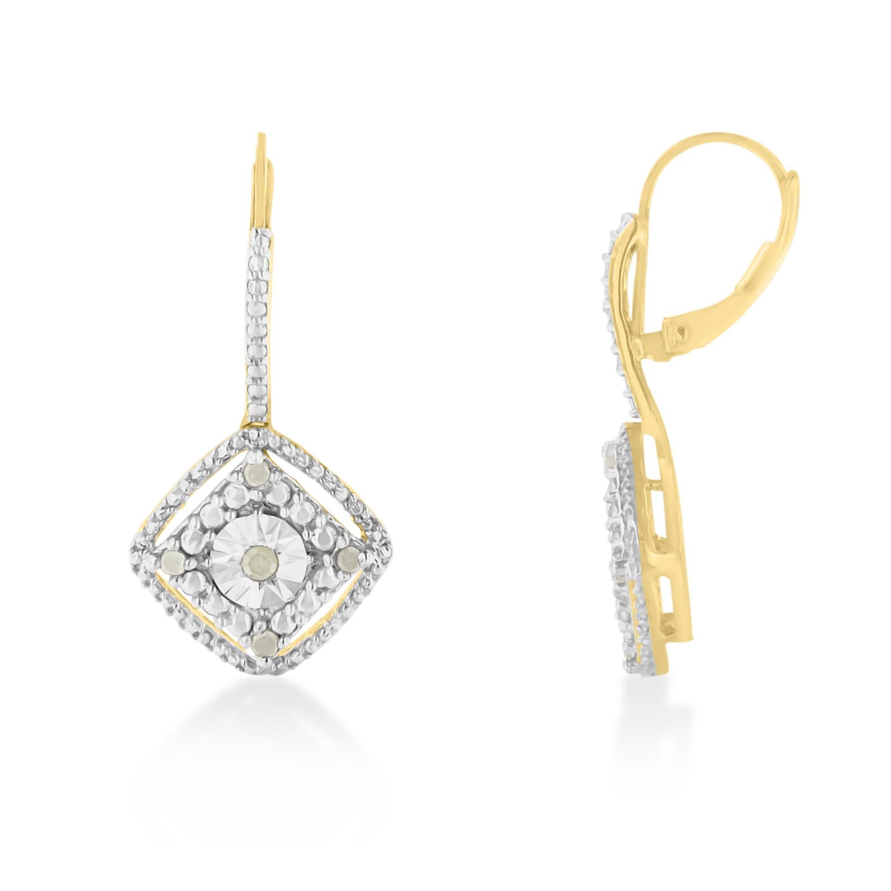 Elevate your style and add a touch of glamour to any occasion with these exquisite Yellow Gold Plated Sterling Silver Diamond Dangle Earrings. Perfectly encapsulating the luxurious essence of the Art Deco era, these earrings boast a quarter carat of