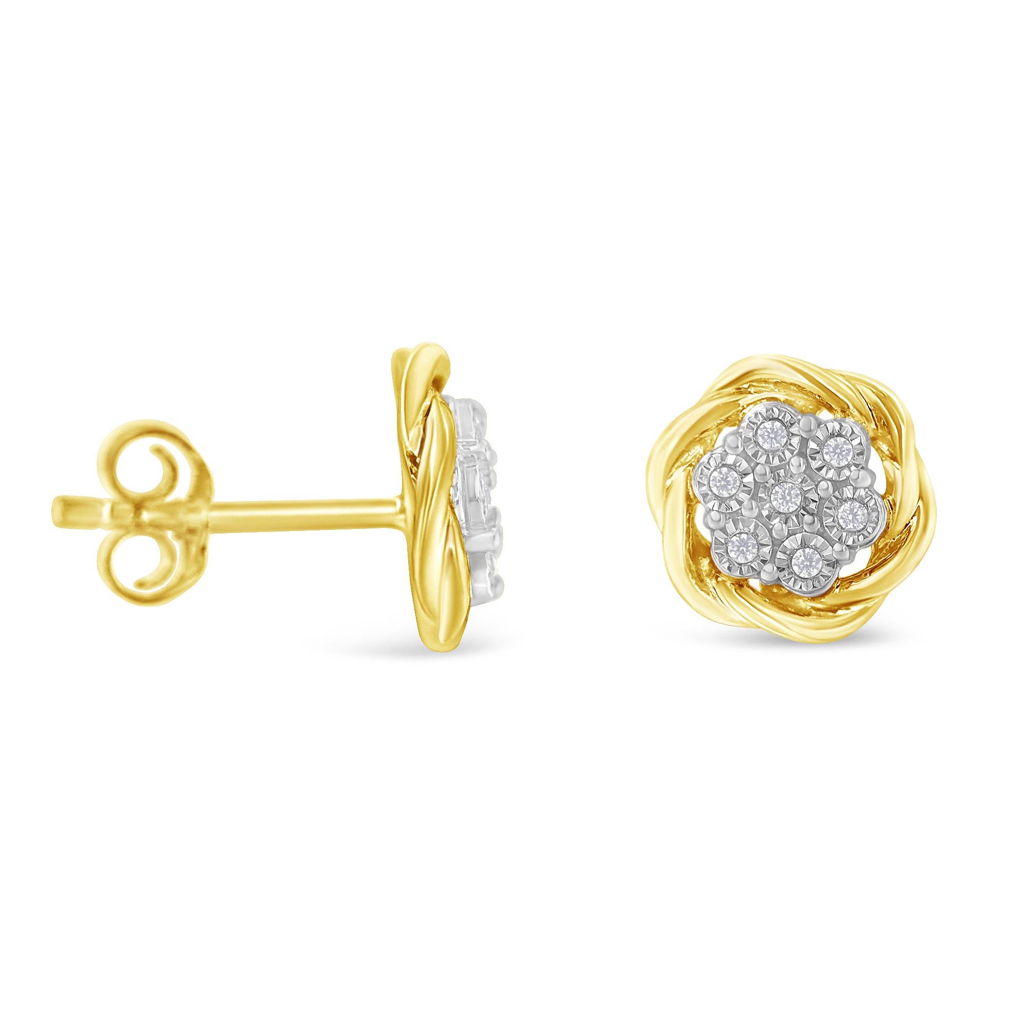Marvelous rose accent stud earrings that feature genuine diamonds in a yellow gold plated colored surface. They are made from the most refined .925 sterling silver. These earrings include a total of 14 round-cut diamonds in a miracle setting. The