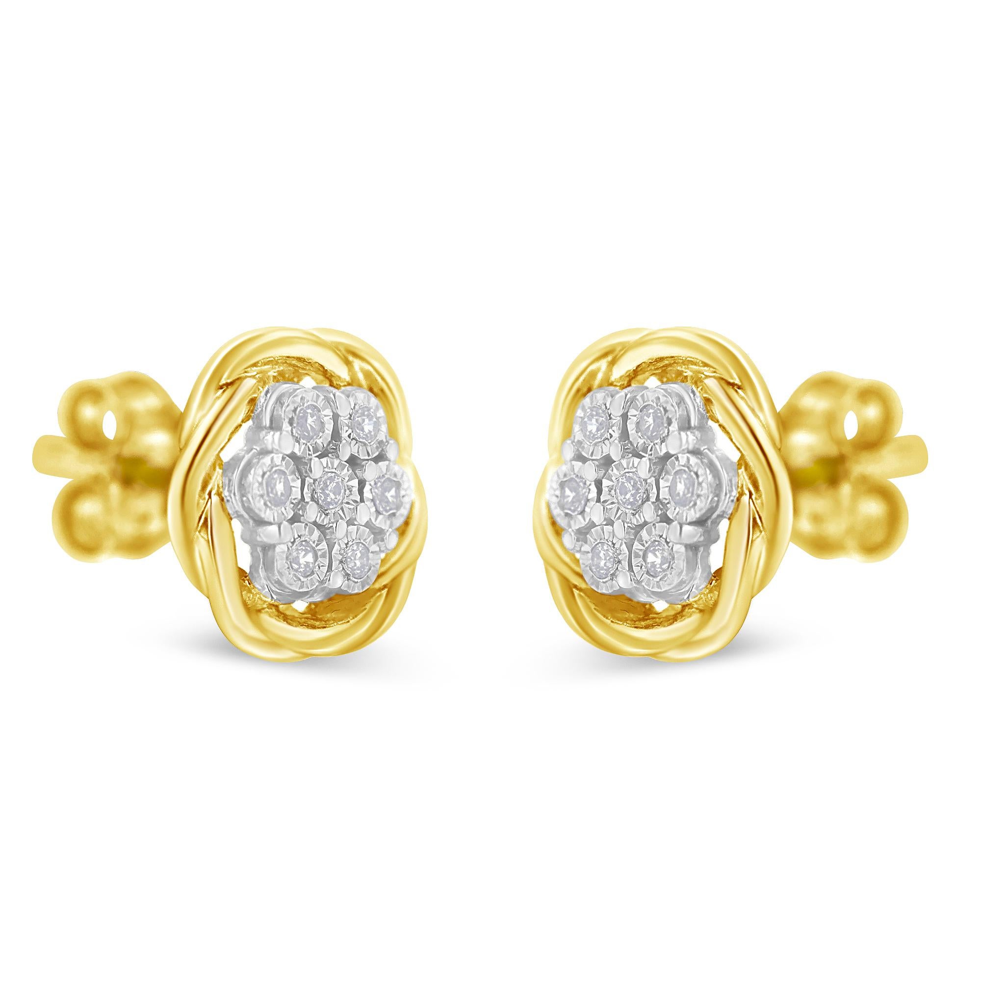 Contemporary Yellow Gold Plated Sterling Silver 1/6 Carat Diamond Rose Stud Earrings For Sale