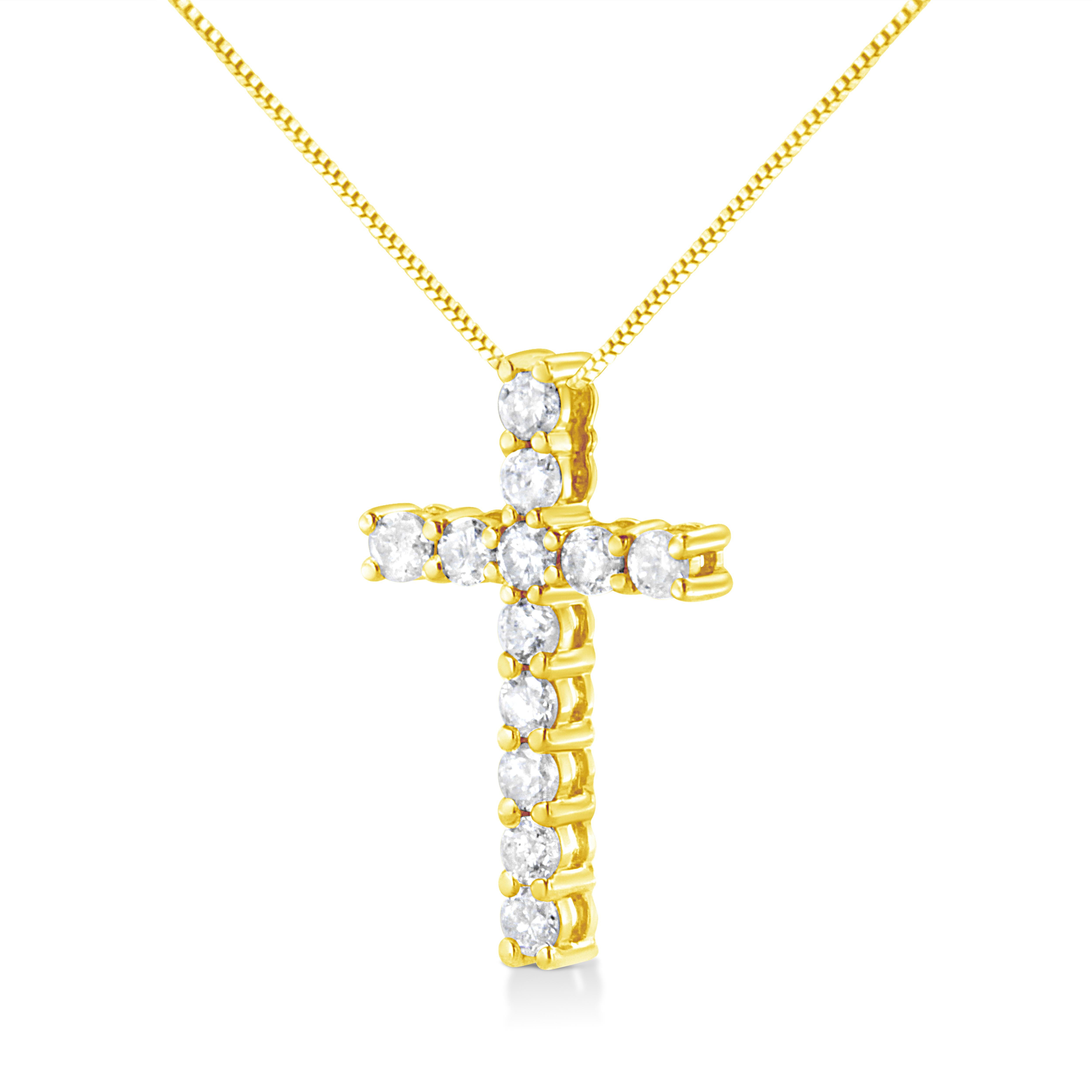 Round Cut Yellow Gold Plated Sterling Silver 1.0 Carat Diamond Cross Pendant Necklace