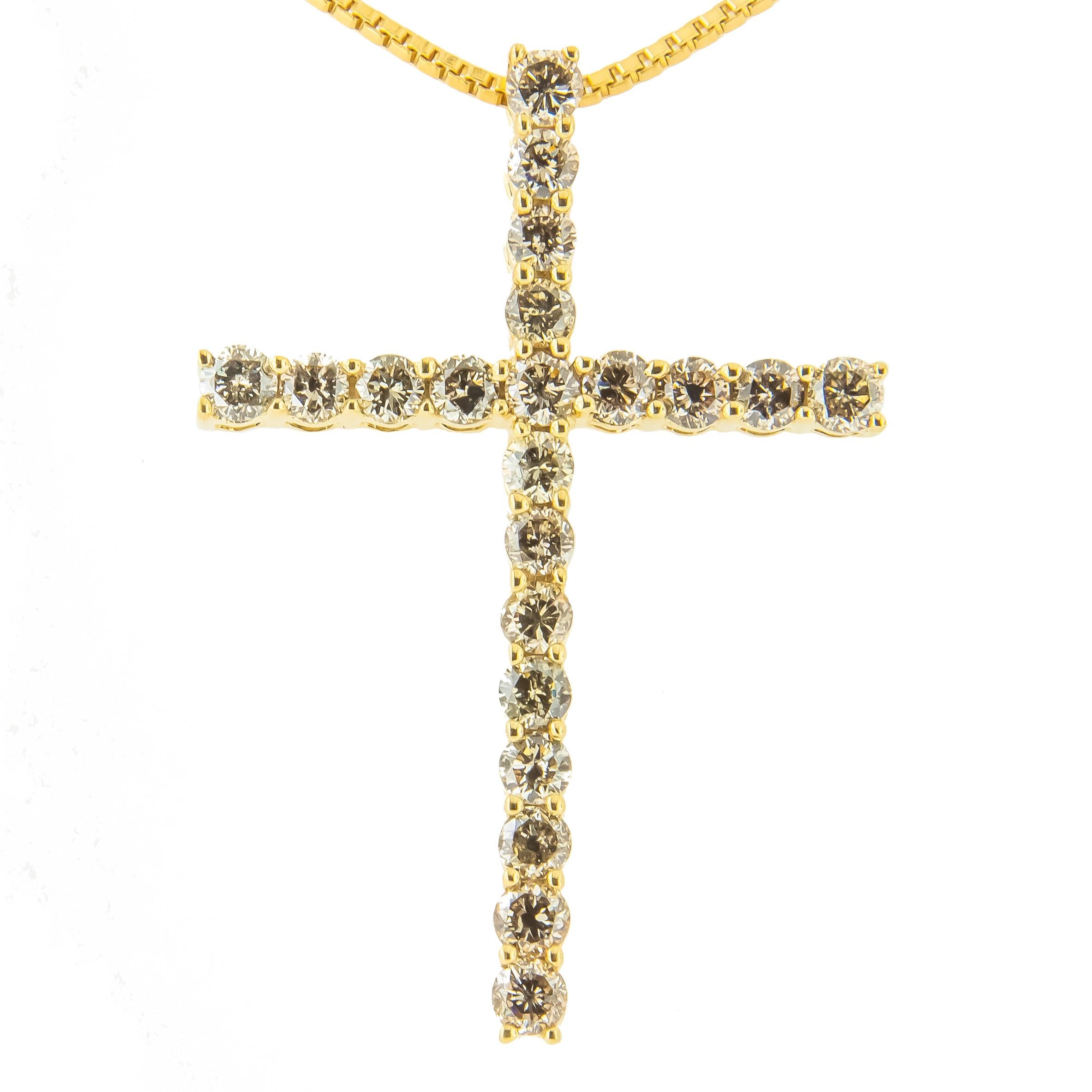 Embrace your spirituality with this sparkling 14kt yellow gold plated 925 sterling silver cross necklace. This pendant is embellished with 21 champagne color diamonds in classic shared prong settings. The diamonds are round-cut and have a total