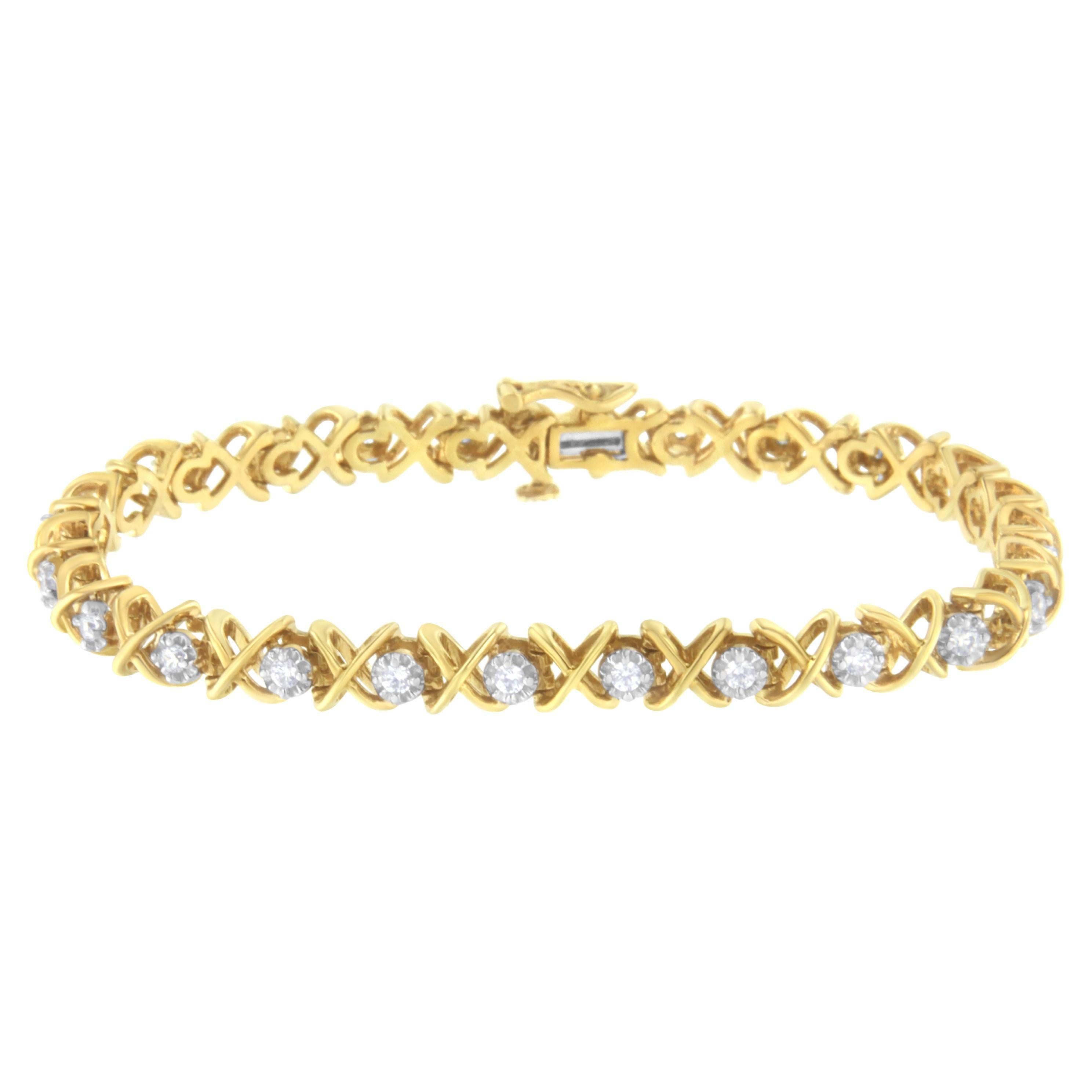 Yellow Gold Plated Sterling Silver 1.0 Carat Diamond Link Bracelet For Sale