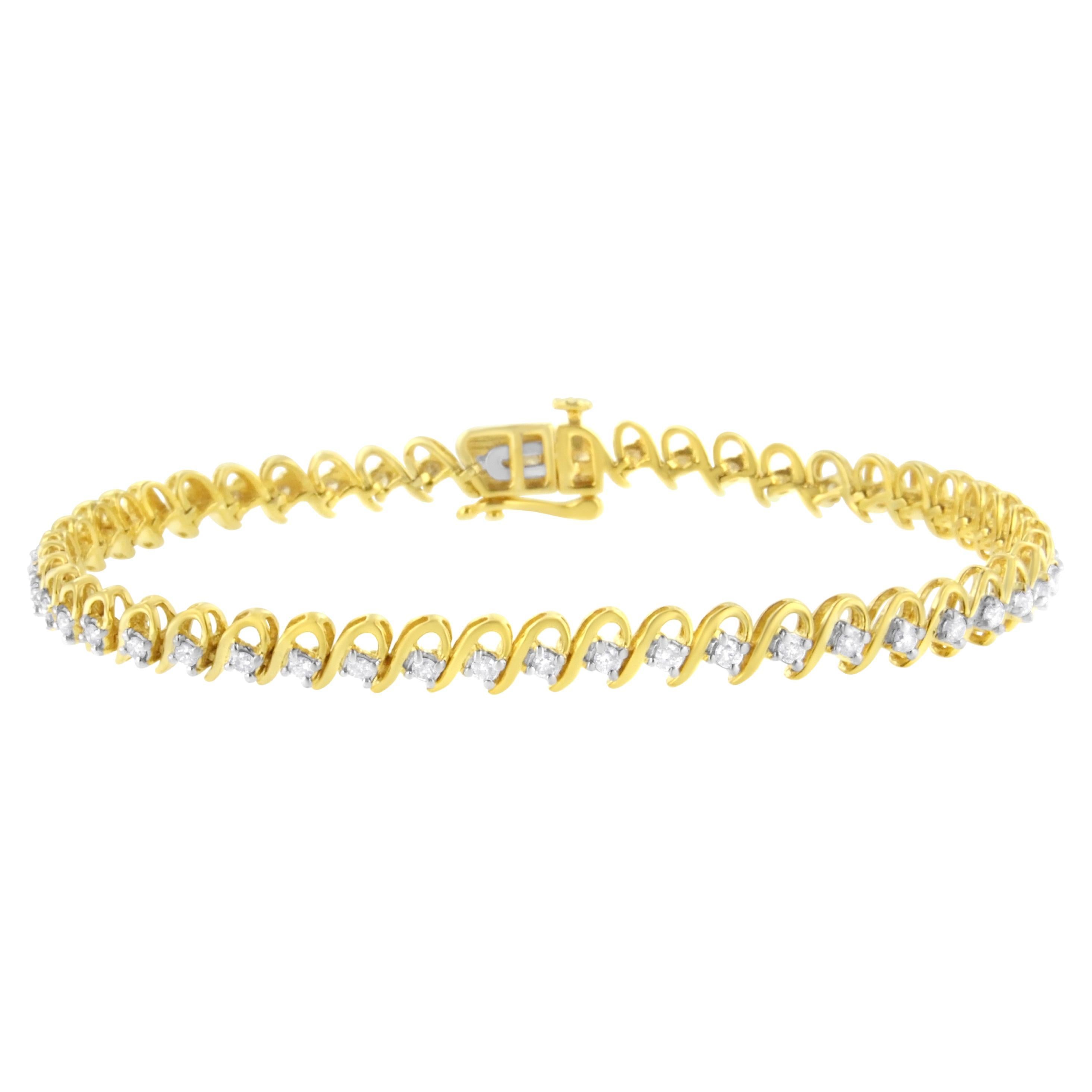 Yellow Gold Plated Sterling Silver 1.0 Carat Diamond Link Tennis Bracelet For Sale