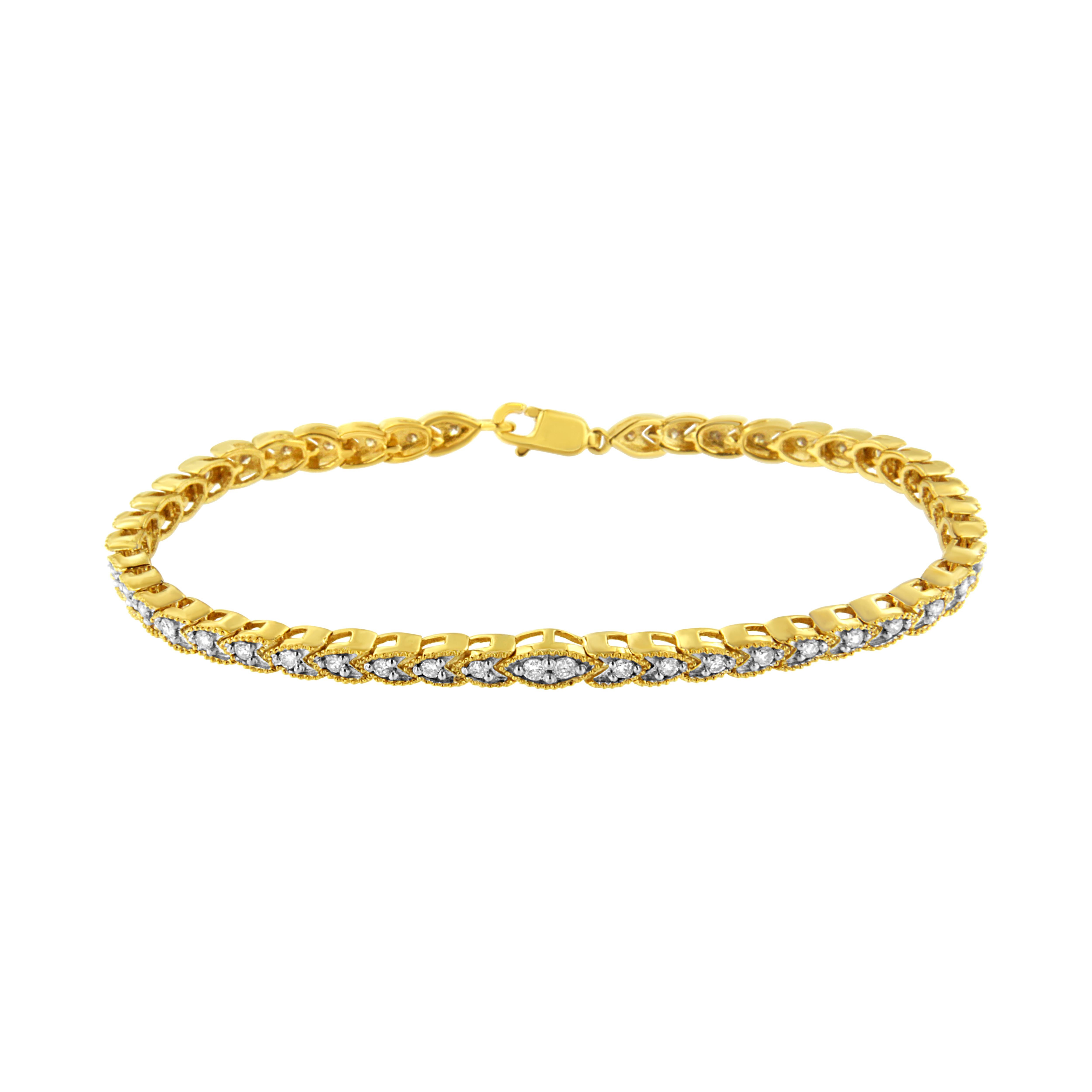 Embellish your wrist with this beautiful 10k yellow gold plated sterling silver link bracelet. At the center of the bracelet there is a almond shaped link inlaid with twinkling round cut diamonds. From this center link, halved links inlaid with