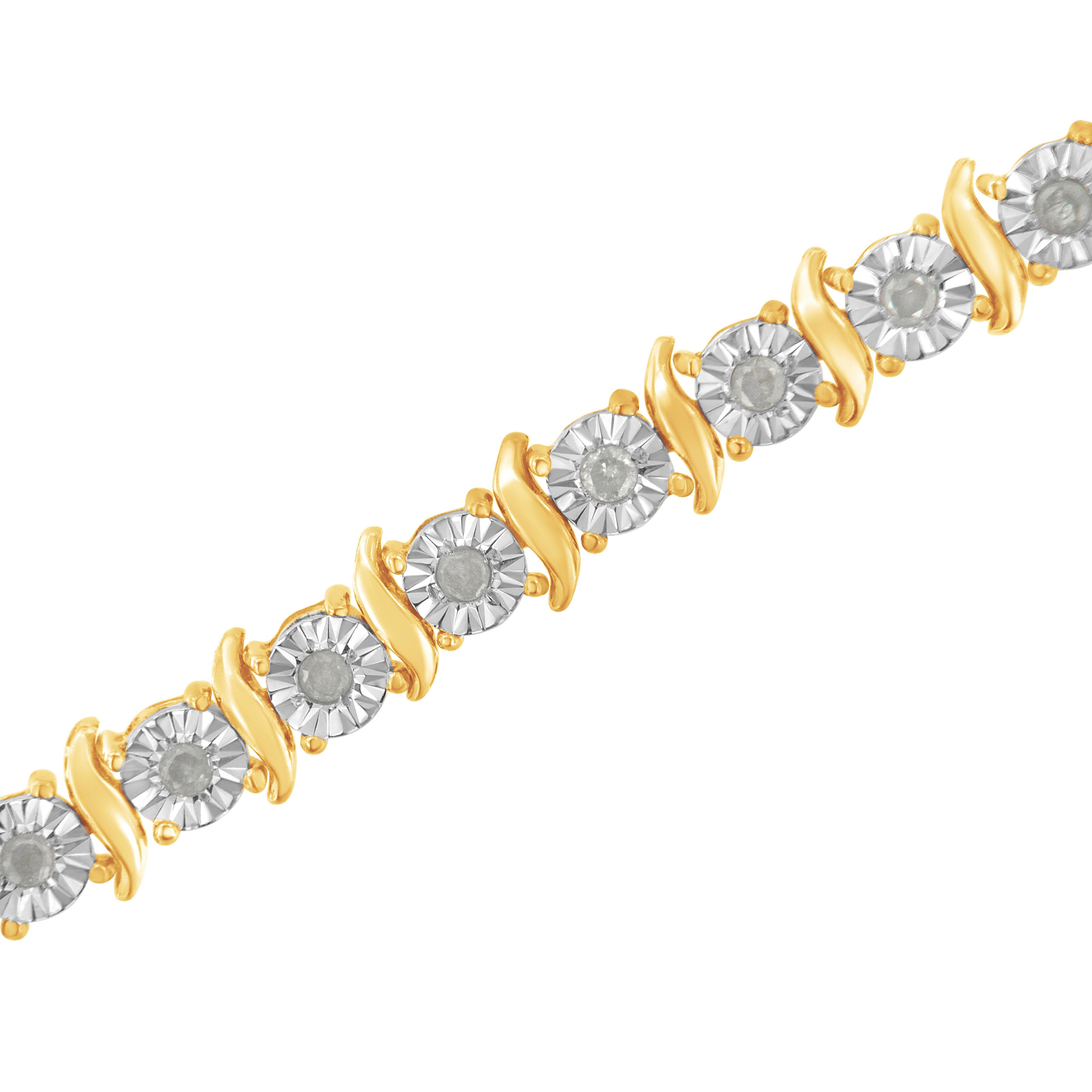Contemporary Yellow Gold Plated Sterling Silver 1.0 Cttw Diamond S-Curve Link Tennis Bracelet For Sale