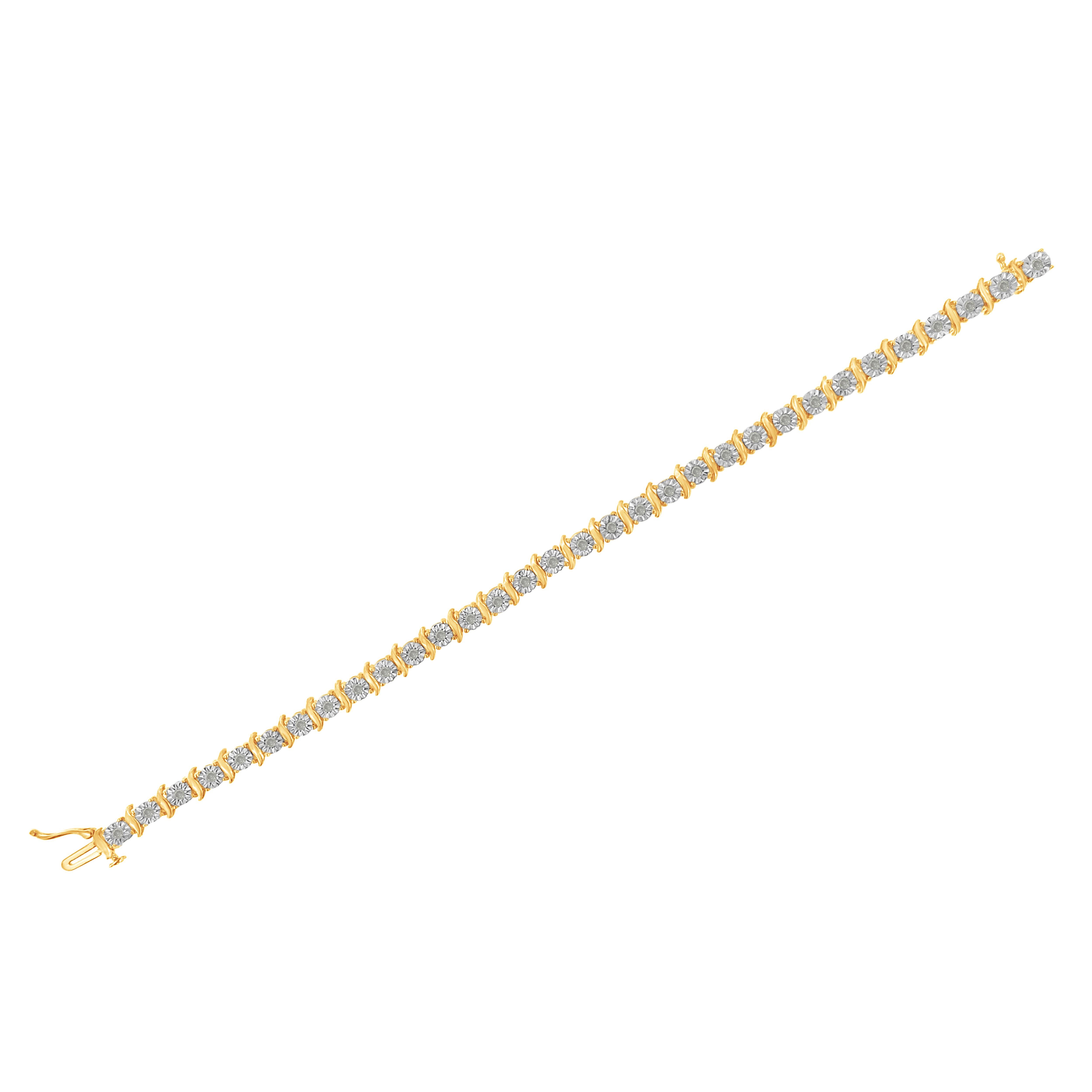 Round Cut Yellow Gold Plated Sterling Silver 1.0 Cttw Diamond S-Curve Link Tennis Bracelet For Sale