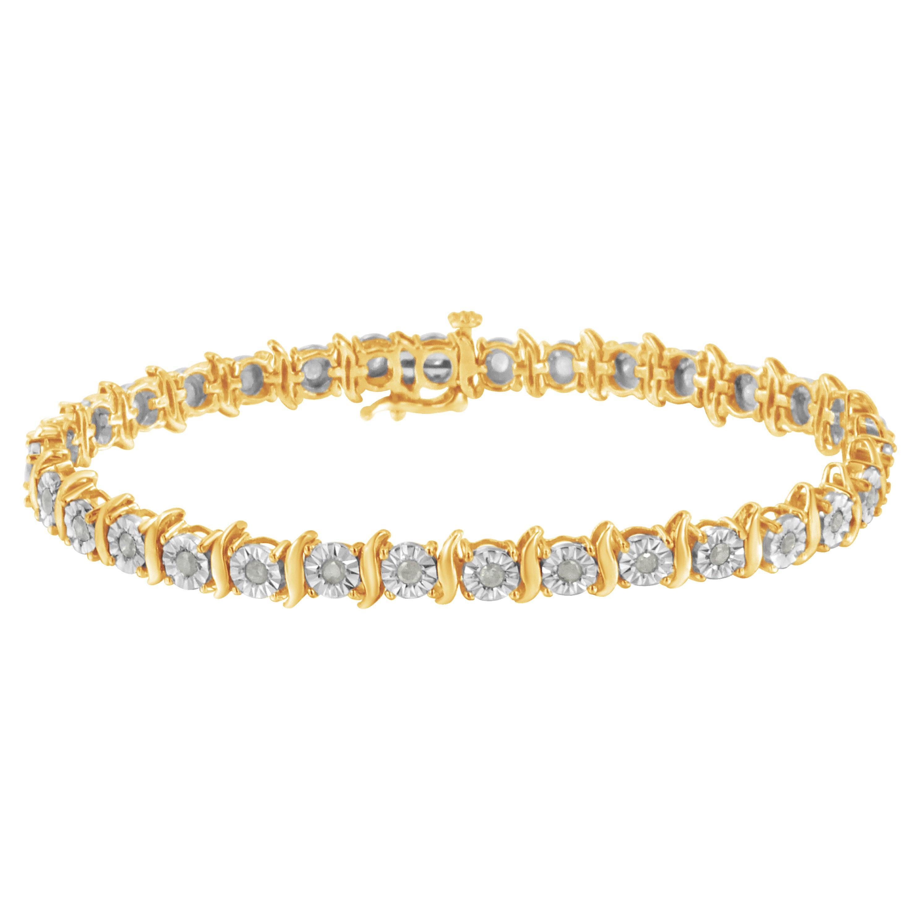 Yellow Gold Plated Sterling Silver 1.0 Cttw Diamond S-Curve Link Tennis Bracelet For Sale