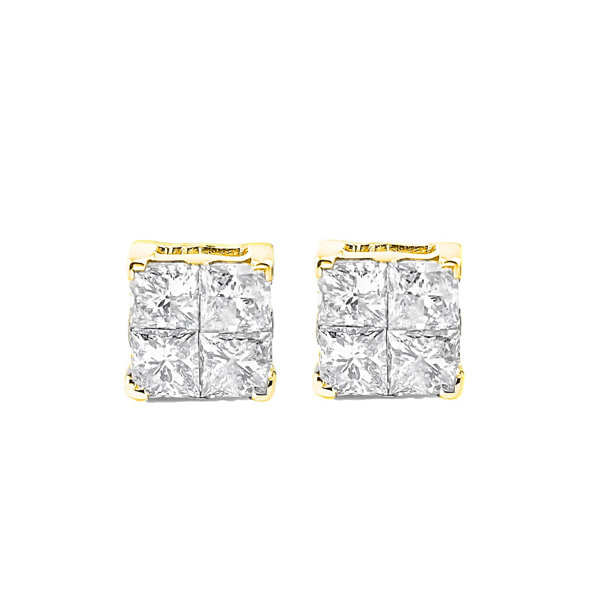 These classic and beautiful stud earrings feature 1ct TDW of stunning, natural princess-cut diamonds. Four princess-cut diamonds in an invisible setting create a larger stone that captures the light in a unique way. These earrings are created in 10k