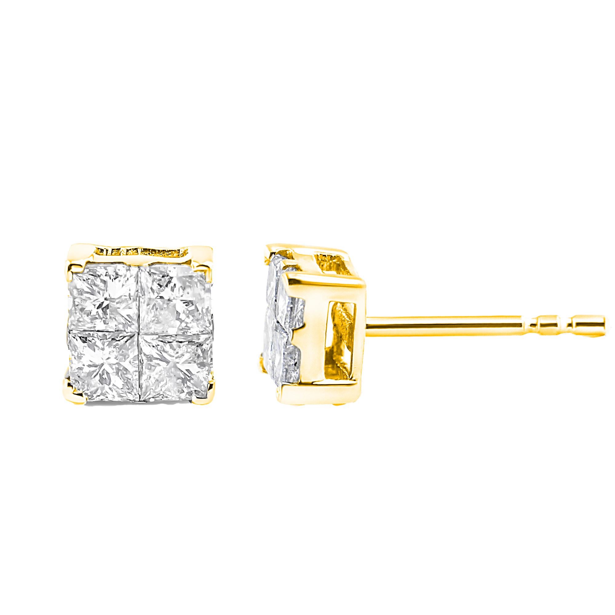 Contemporary Yellow Gold Plated Sterling Silver 1.00 Carat Diamond Multi Stone Stud Earrings For Sale
