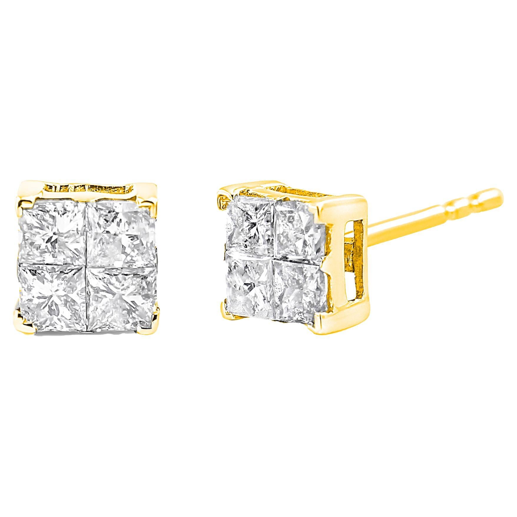 Yellow Gold Plated Sterling Silver 1.00 Carat Diamond Multi Stone Stud Earrings