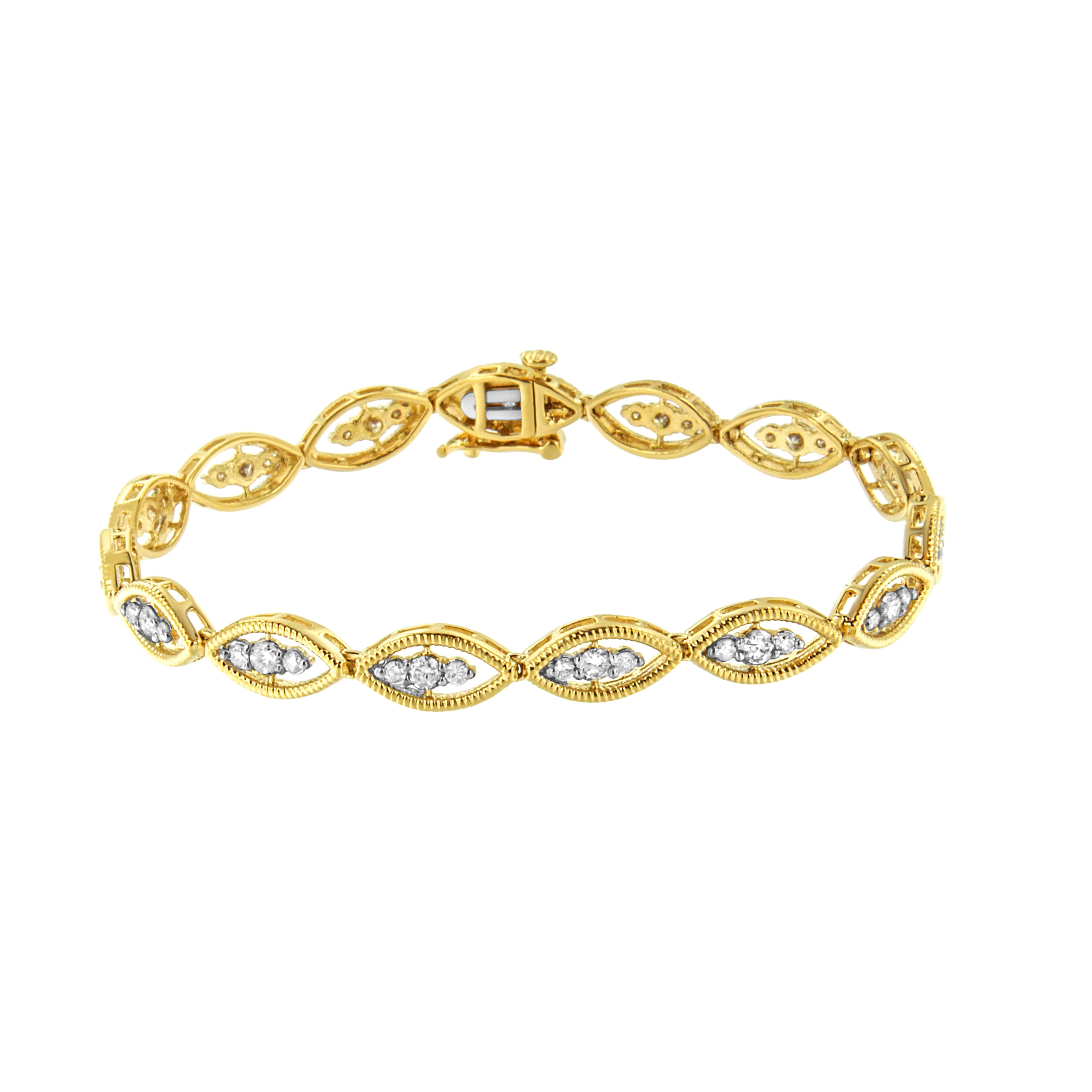 This gorgeous link bracelet is perfect for any occasion. Yellow gold textured ribbons create open almond shaped links. Inside each of the links 3 prong set round cut diamond glimmer. 14 links make up this 10k yellow gold plated sterling silver