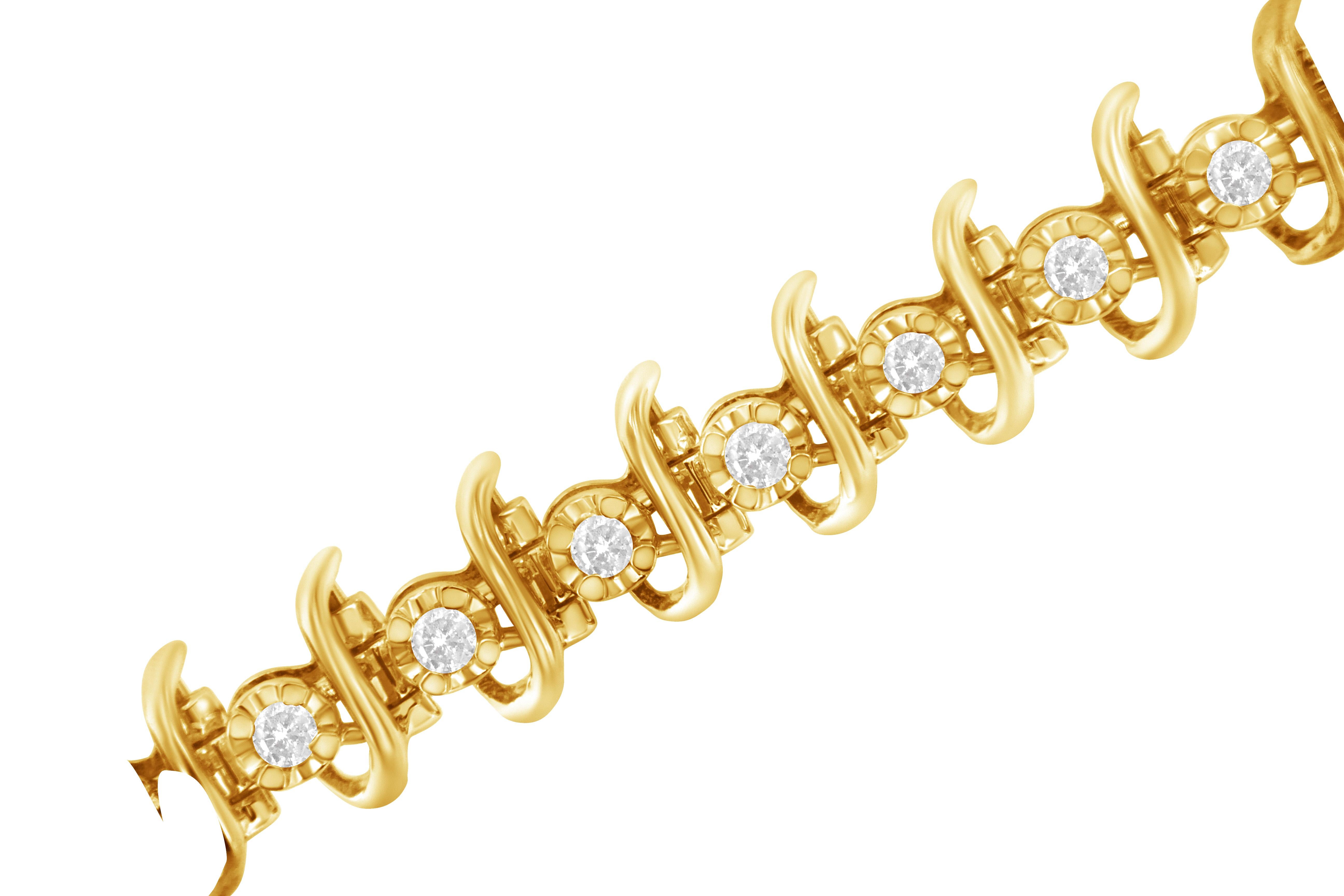 Yellow Gold Plated Sterling Silver 1.00 Carat Prong-Set Diamond Link Bracelet In New Condition For Sale In New York, NY