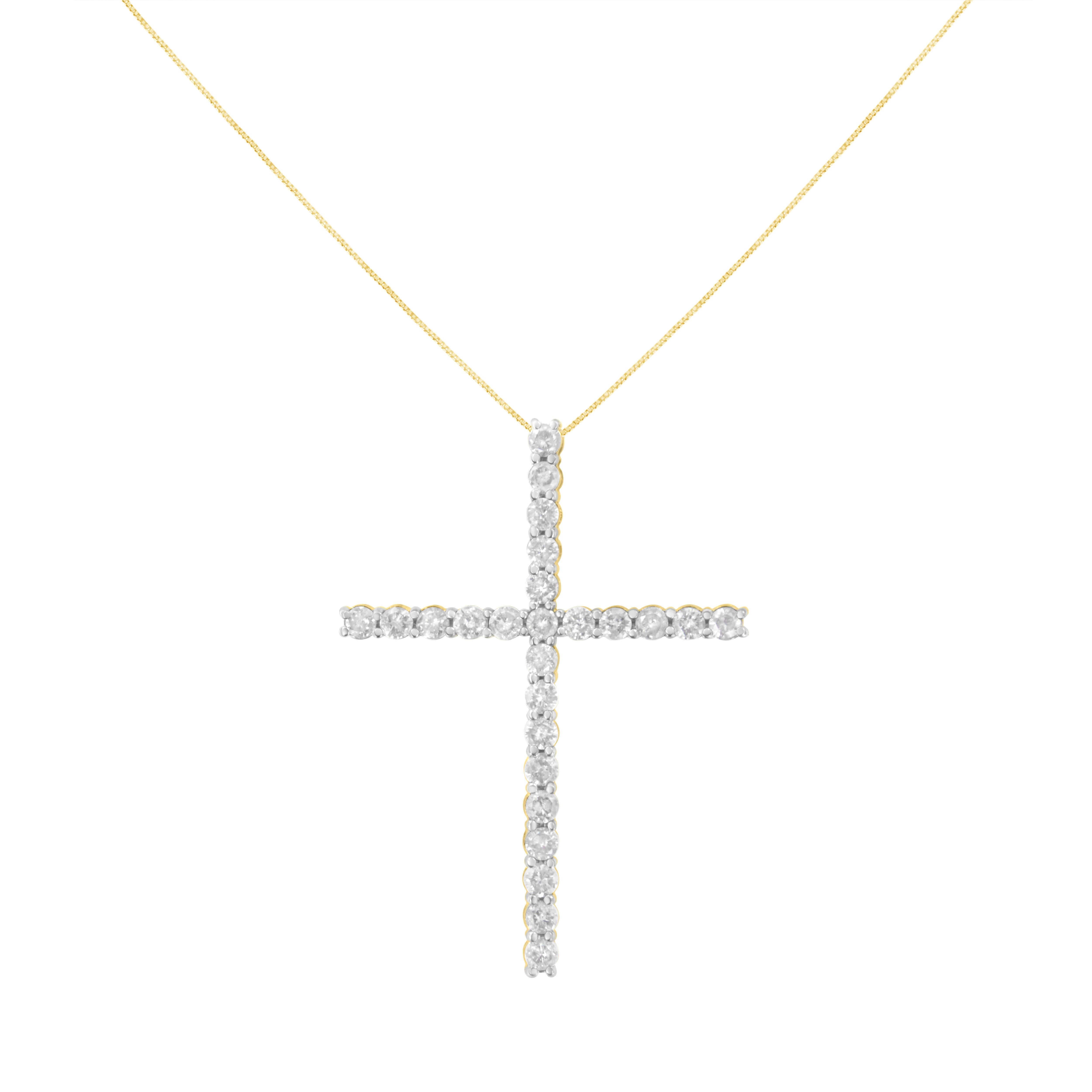 Share your faith with this stunning diamond cross pendant necklace. This cherished cross necklace for her, features 25 natural, round diamonds set in 2 Micron 10k Yellow Gold Plated Sterling Silver. The pendant is suspended from an 18-inch box chain