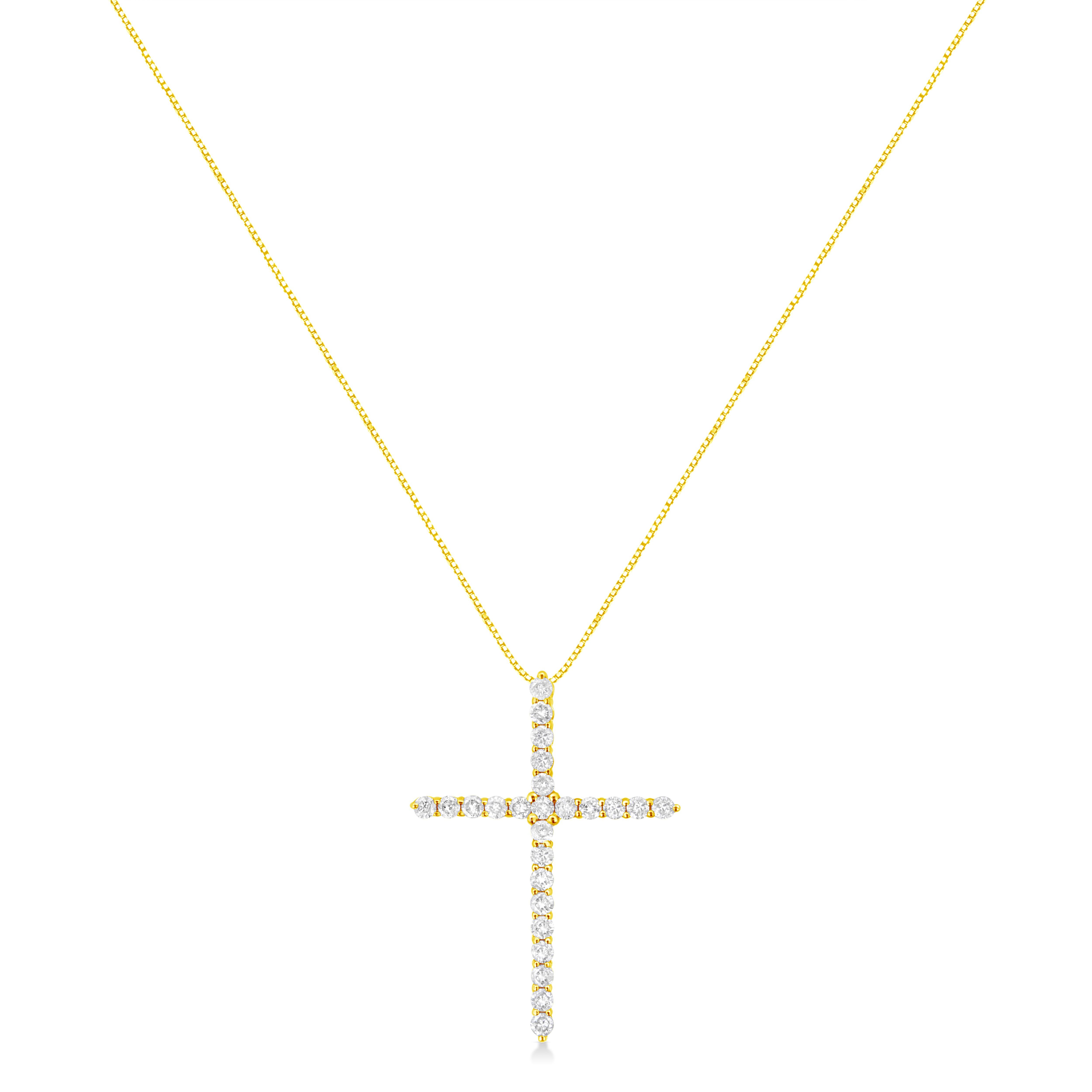 Share your faith with this stunning diamond cross pendant necklace. This cherished cross necklace for her, features 25 natural, round-cut diamonds set in 10k Yellow Gold Plated Sterling Silver. The pendant is suspended from an 18-inch box chain with