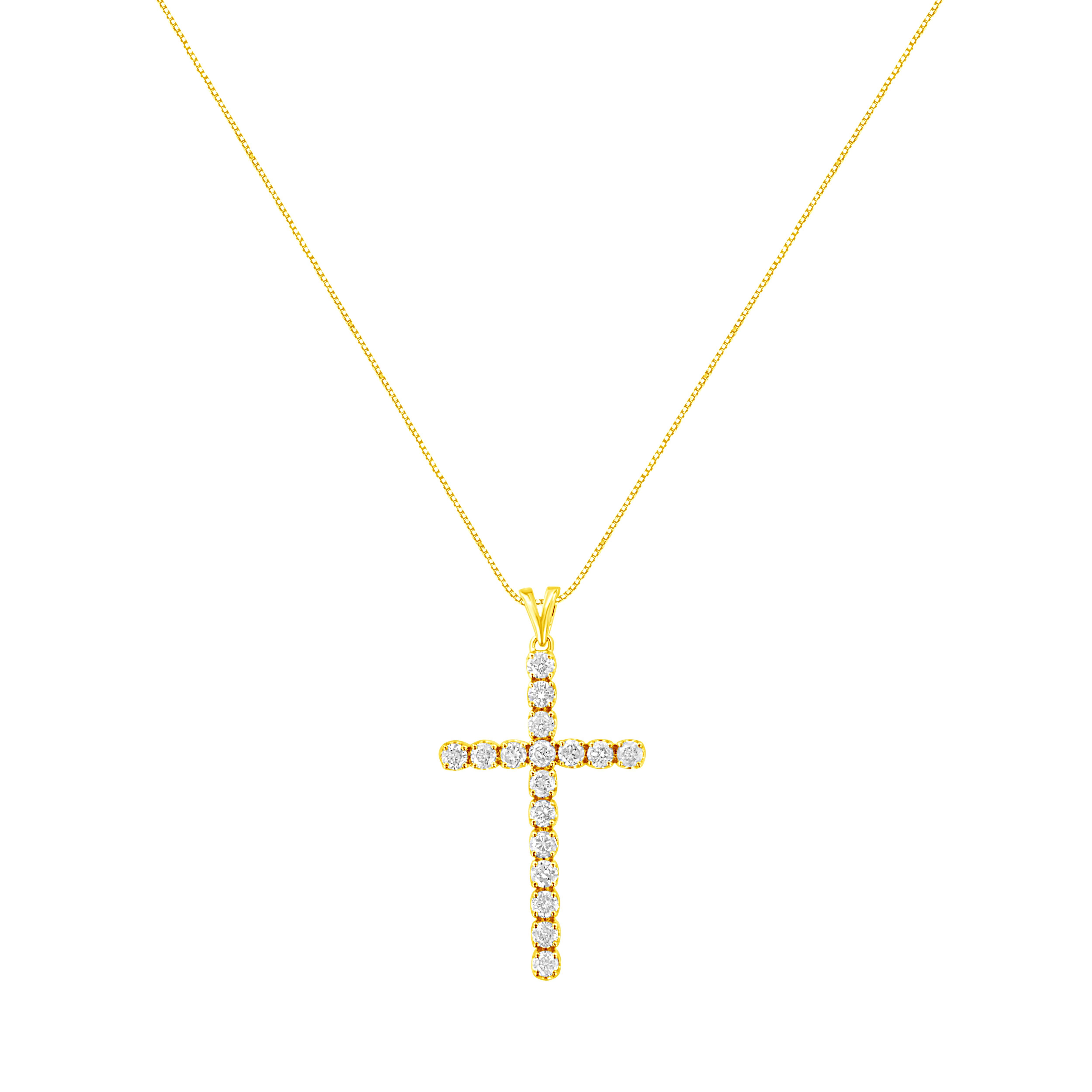 Let your faith shine through with this stunning 10k yellow gold plated .925 sterling silver cross pendant. An elegant display of belief, this beautiful piece is composed of 2 cttw of round-cut diamonds in a prong setting. Comes with an 18
