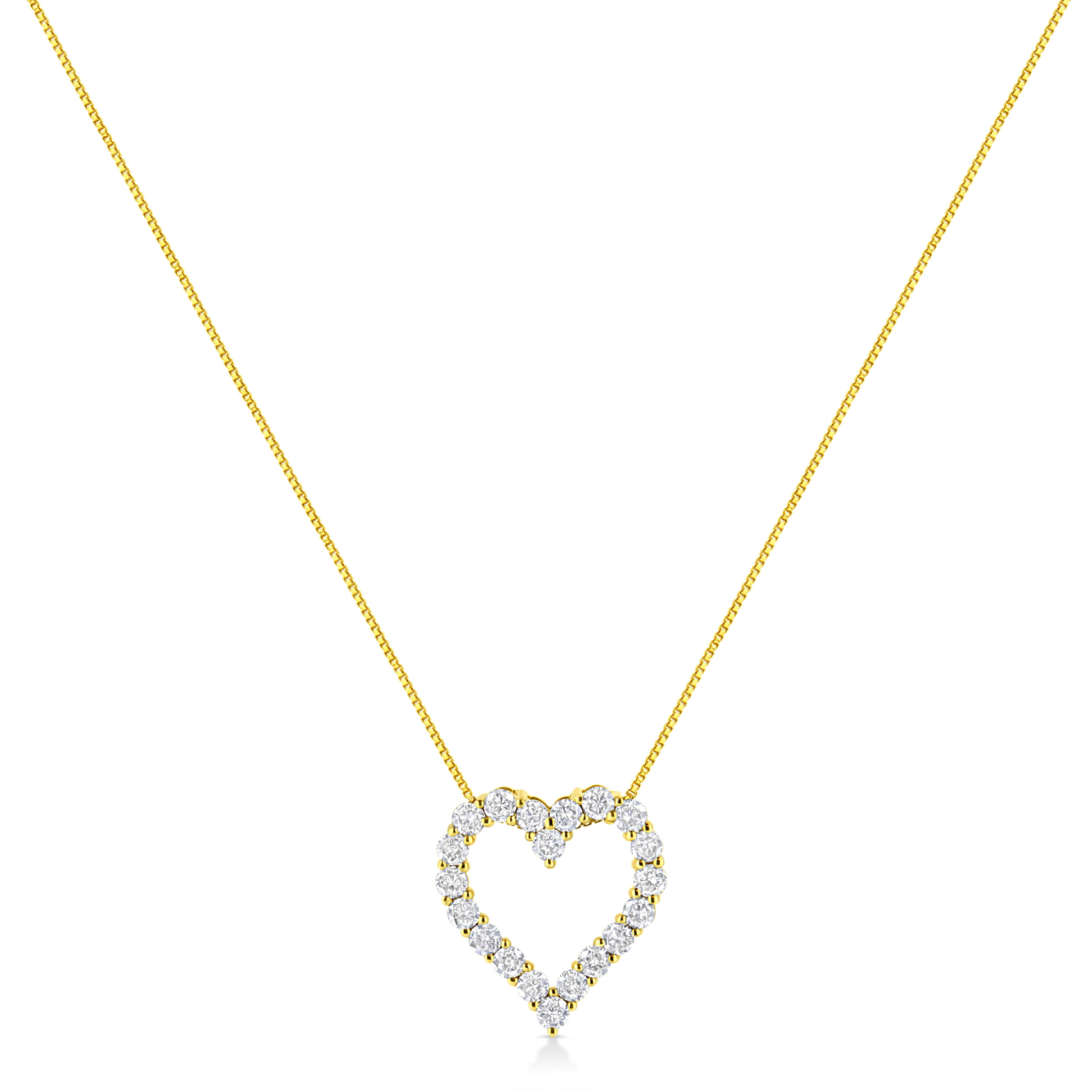 Celebrate someone you love with this stunning diamond open heart pendant necklace. This diamond necklace features a classic open heart made up of prong set round, brilliant cut diamonds set in genuine 14K Yellow Gold Plated Sterling Silver. The
