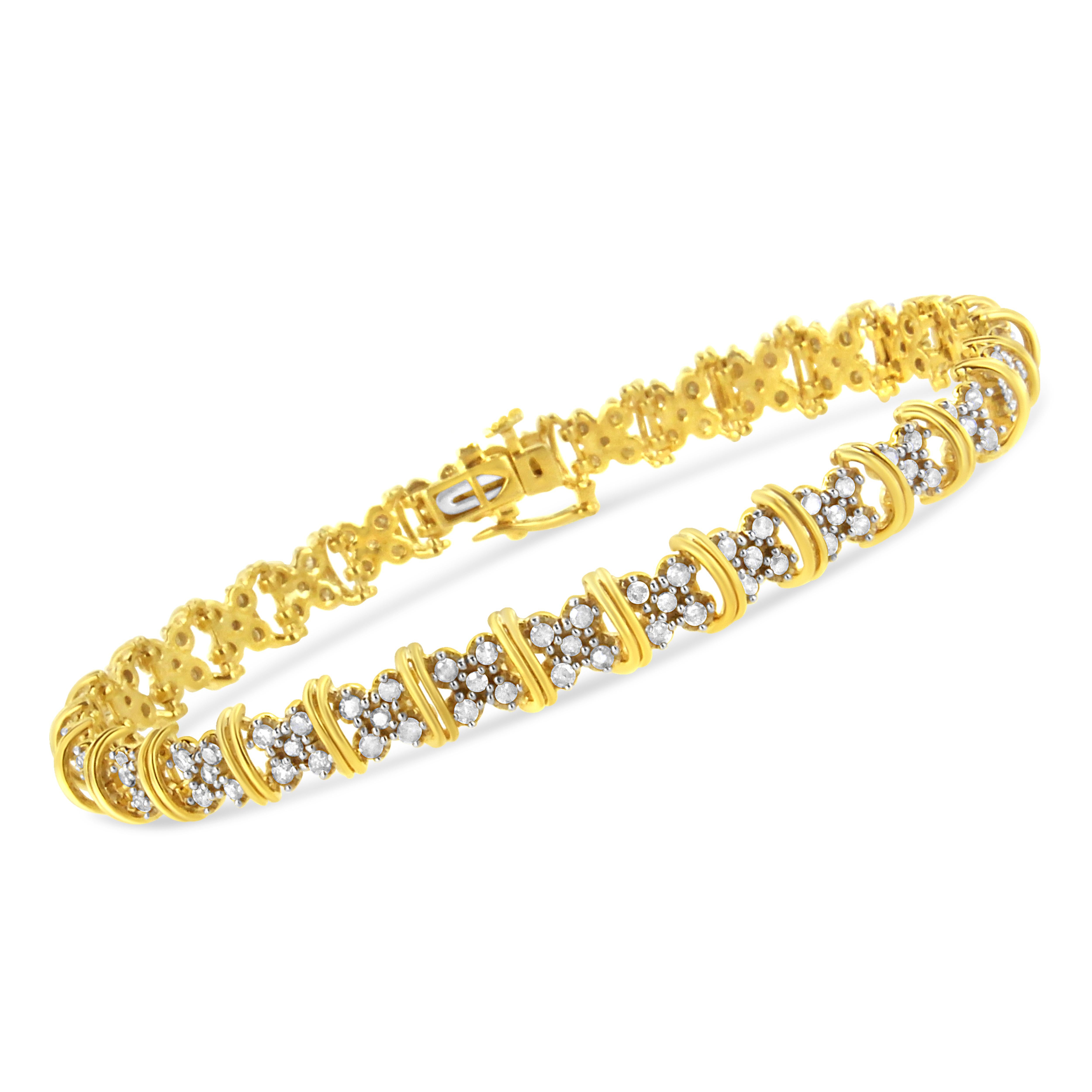 Treat yourself to this glamorous cluster bracelet created in the sparkling 10k yellow gold plated .925 sterling silver. This piece shines with 