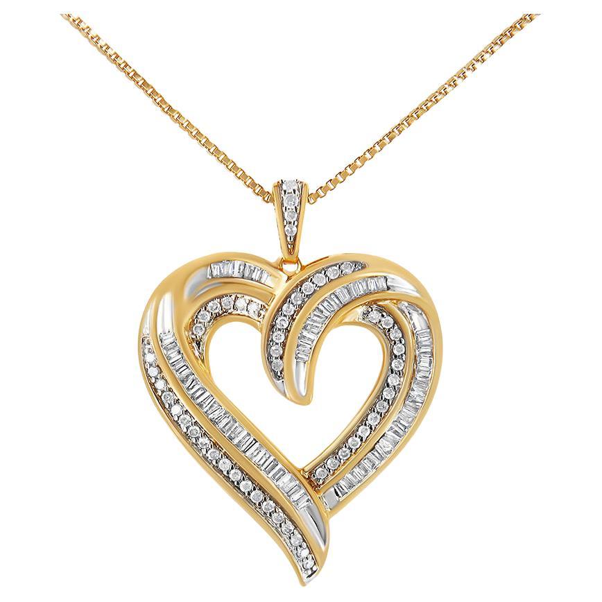 Yellow Gold Plated Sterling Silver 3/4 Carat Diamond Open Heart Pendant Necklace For Sale