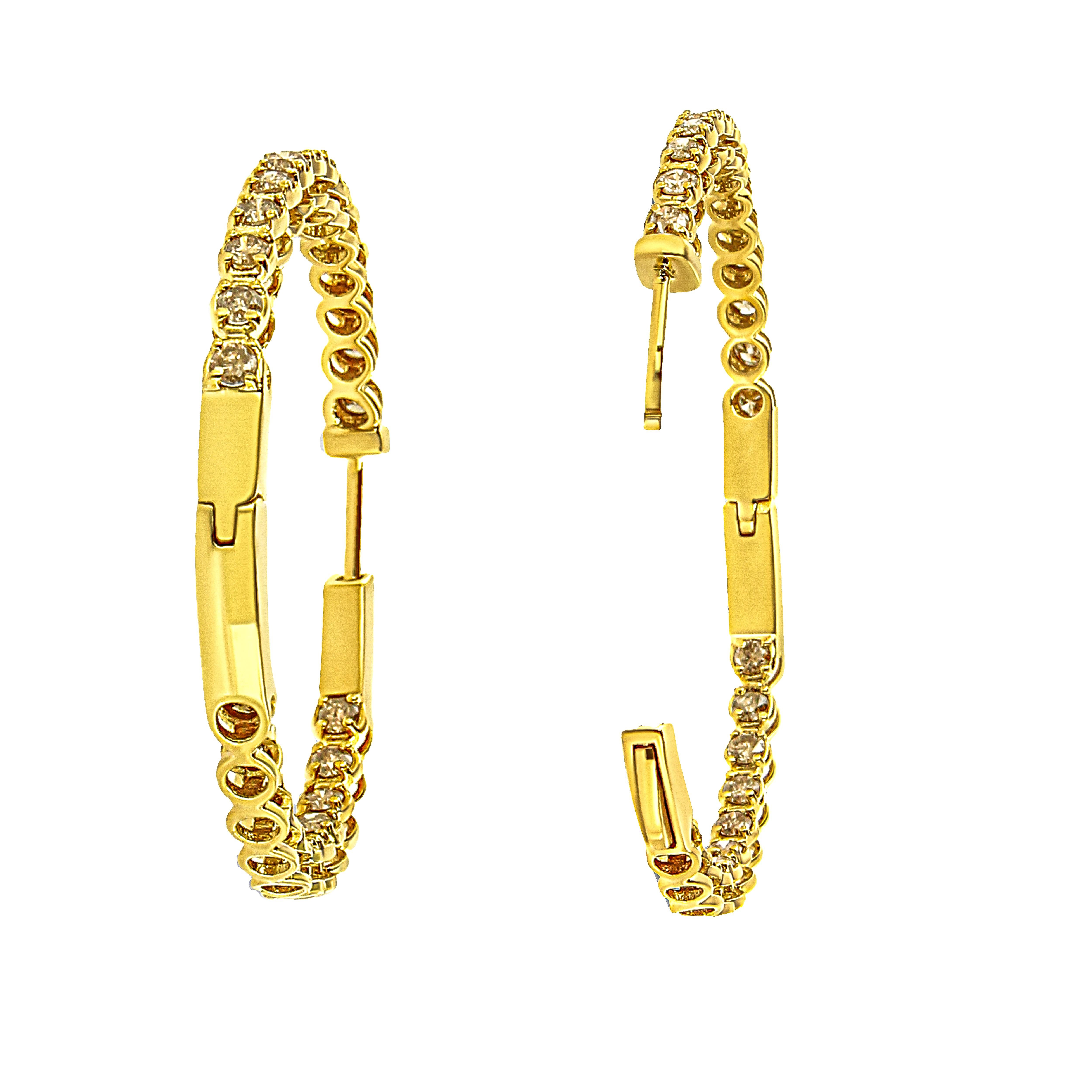 Contemporary Yellow Gold Plated Sterling Silver 3.0 Carat Champagne Diamond Hoop Earrings For Sale