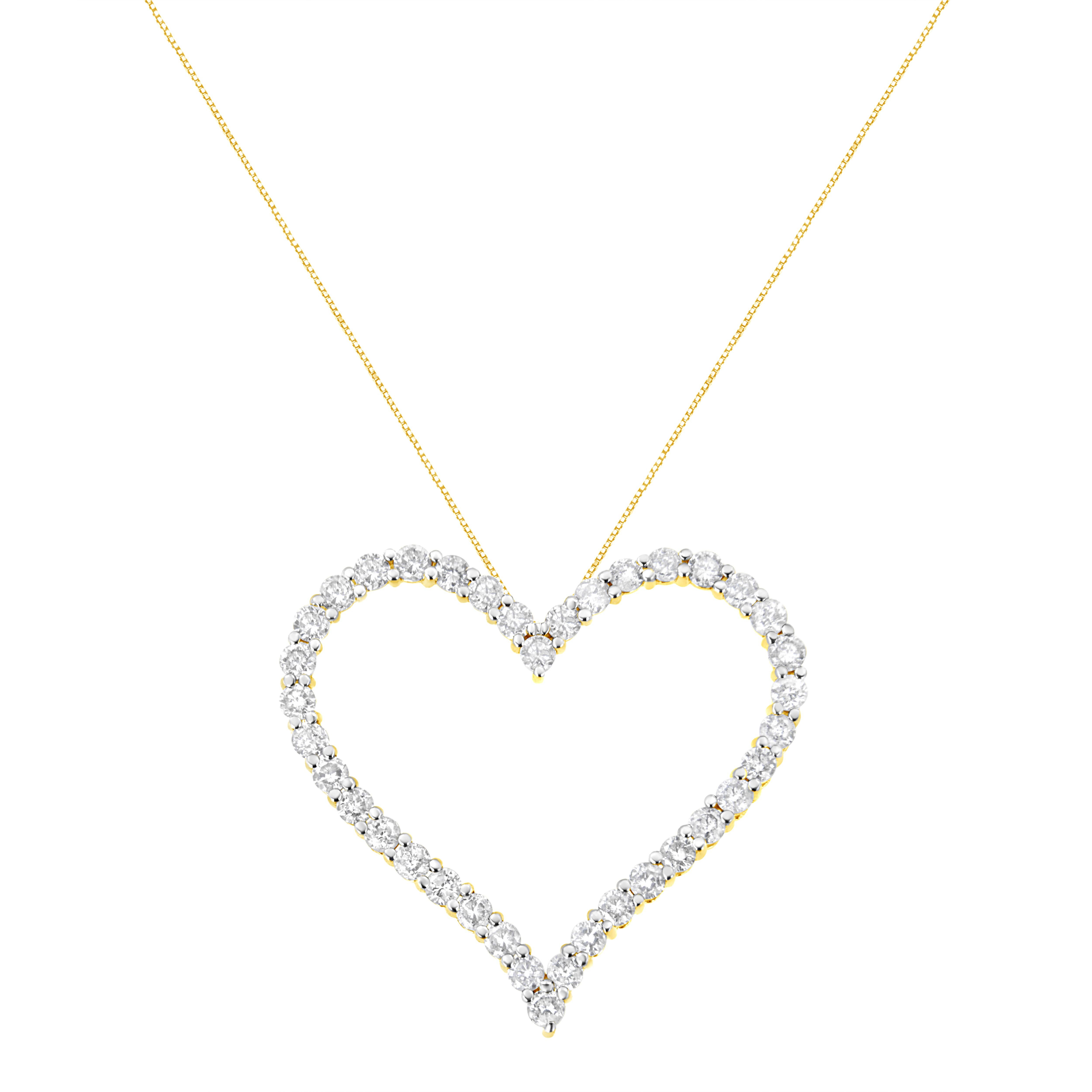 A single rows of natural, sparkling diamonds are set in warm 10kt gold plated .925 sterling silver gold to create a stunning open heart design in this beautiful pendant necklace for her. This pendant has 38 round diamonds, that are I1-I2 in clarity