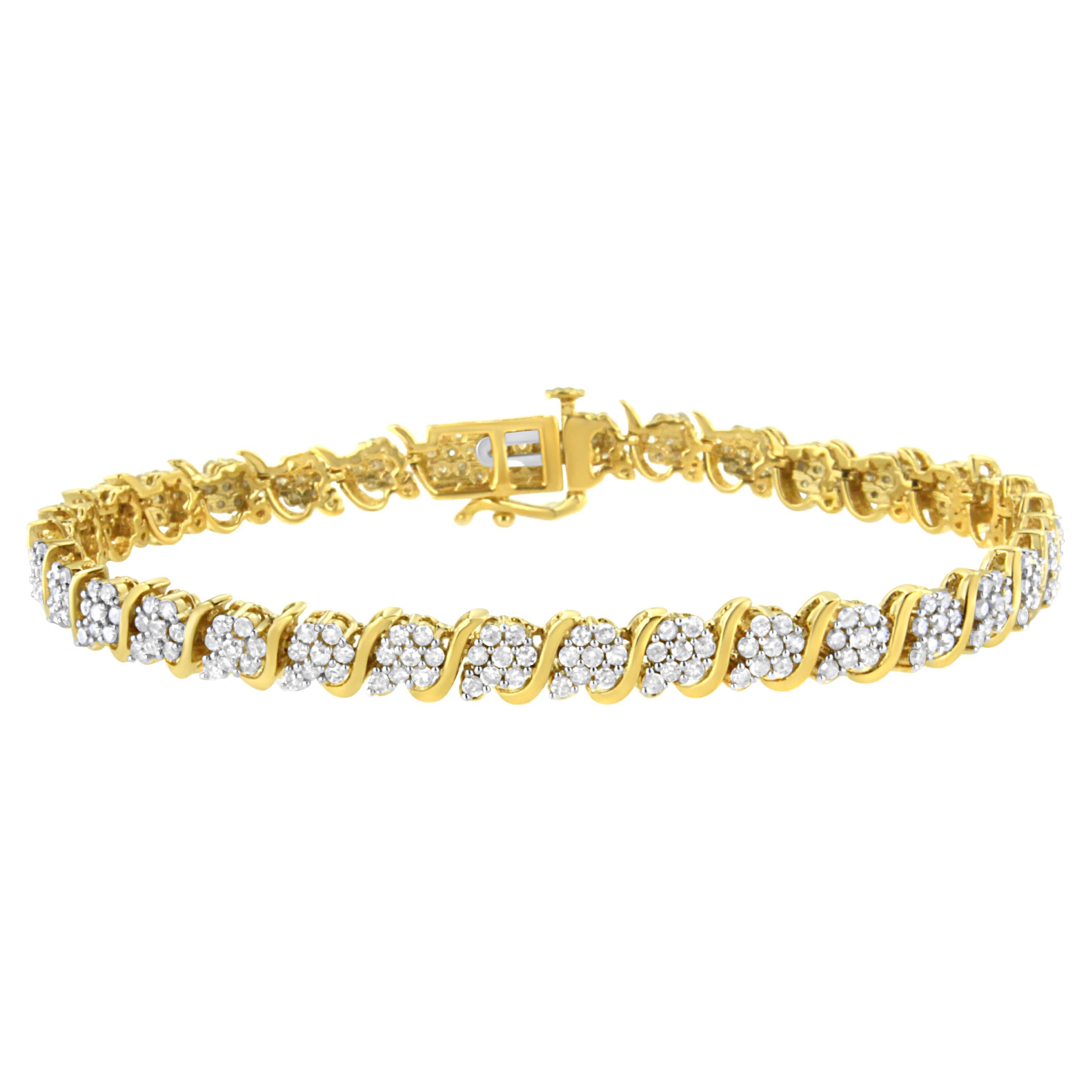 Bracelet tennis à maillons en or jaune plaqué argent sterling avec diamants de 3,0 carats en forme de « S »