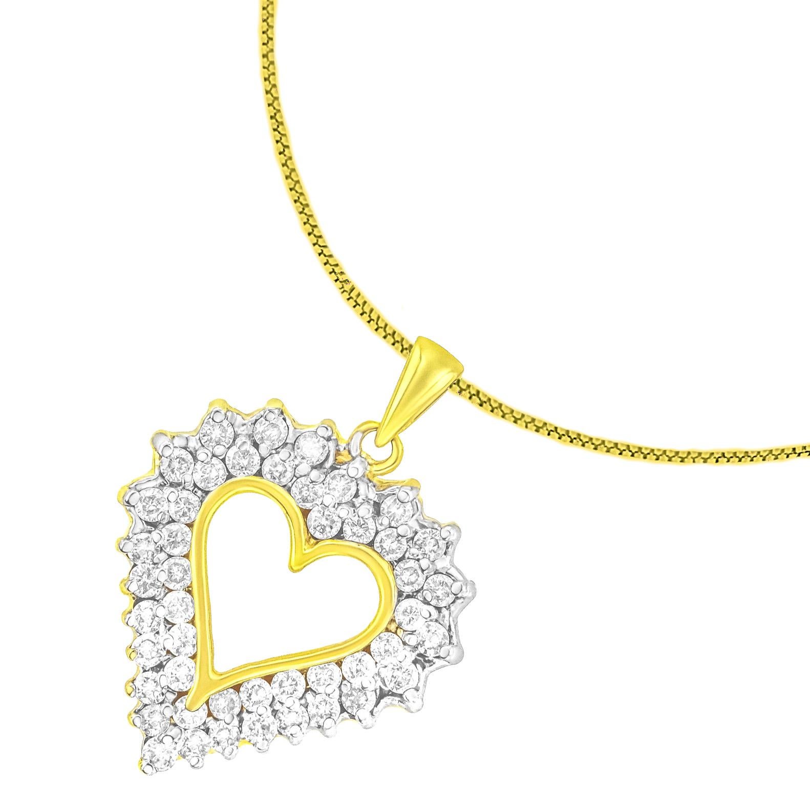 Two rows of natural, sparkling diamonds are set in warm 14K yellow gold plated Sterling Silver to create a stunning open heart design in this beautiful pendant necklace for her. This pendant has 116 round diamonds, that are I1-I2 in clarity and K-L