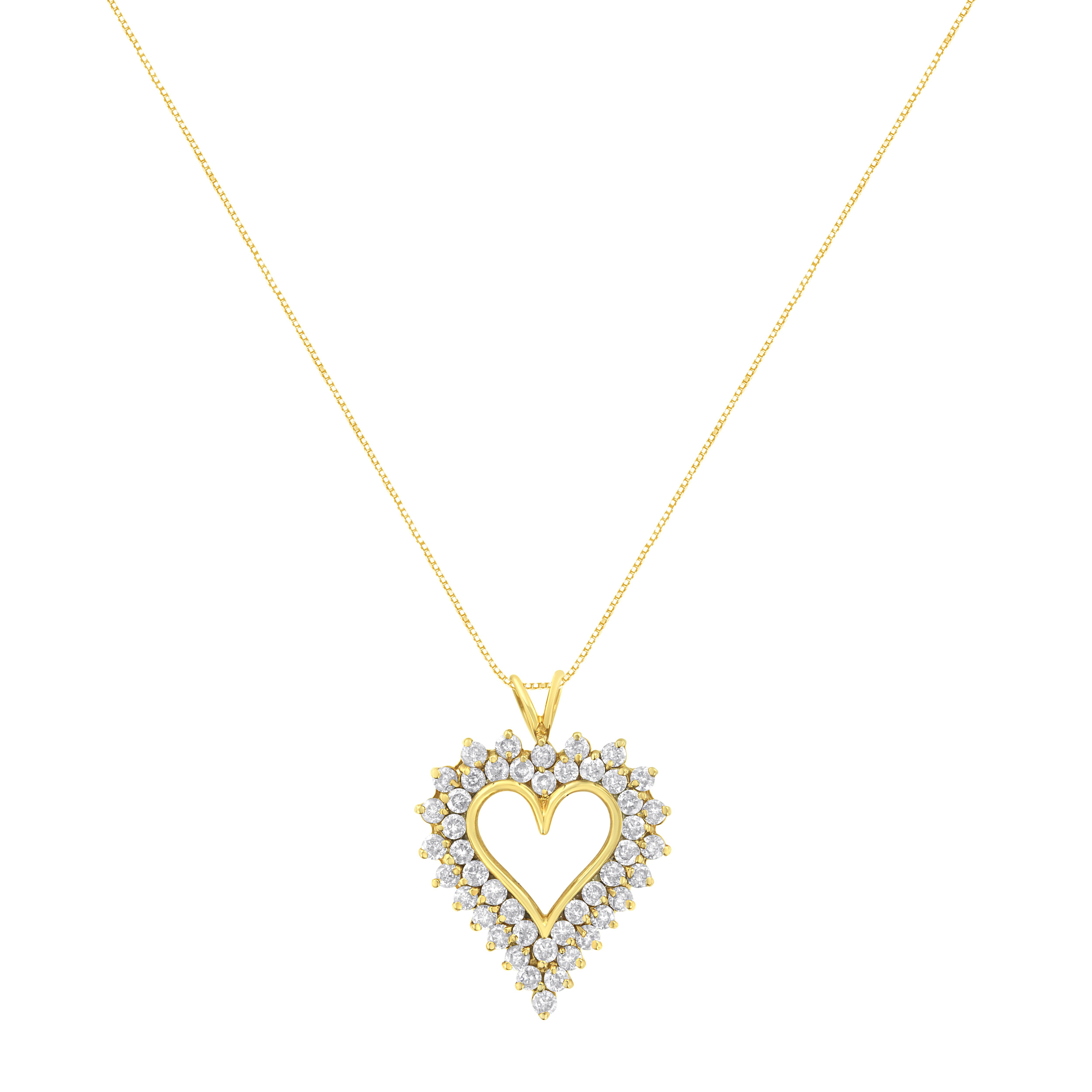 Two rows of natural, sparkling diamonds are set in warm 14K yellow gold plated .925 sterling silver to create a stunning open heart design in this beautiful pendant necklace for her. This pendant has 46 round diamonds, that are I1-I2 in clarity and