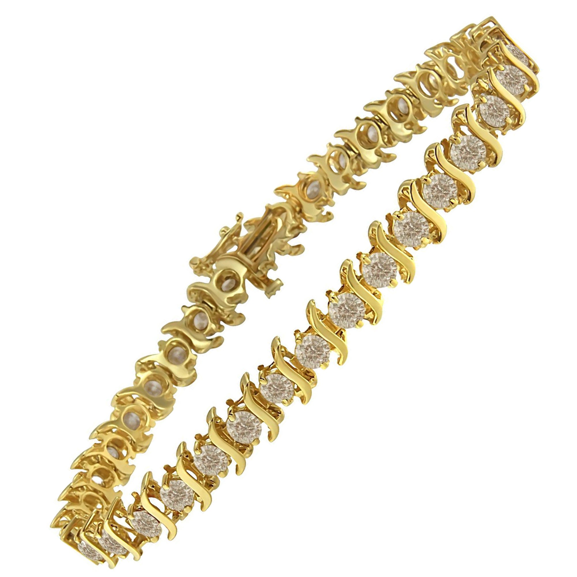 Bracciale da tennis con diamanti a "S" in argento 925 placcato oro giallo da 7,00 carati