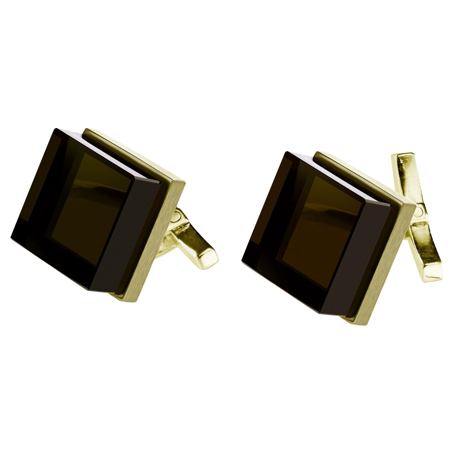 Yellow Gold-Plated Sterling Silver Art Deco Style Cufflinks with Quartz For Sale