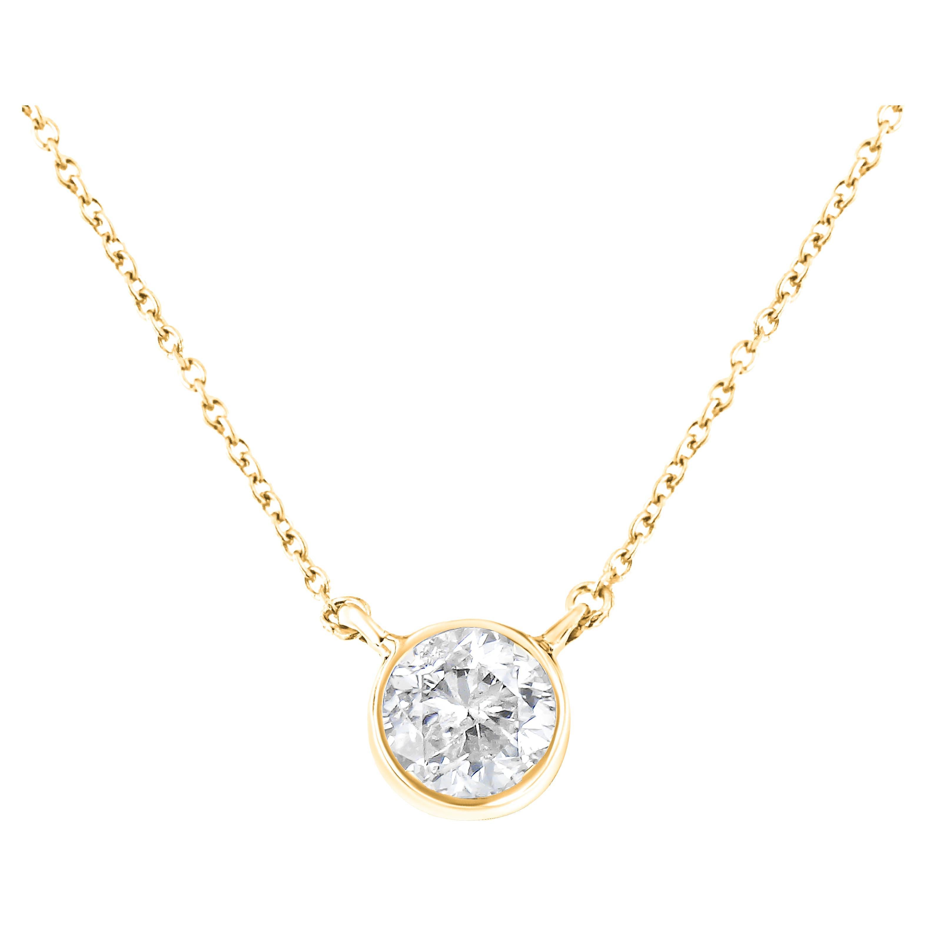 Yellow Gold Plated Sterling Silver Bezel Set 1/2 Carat Diamond Pendant Necklace For Sale