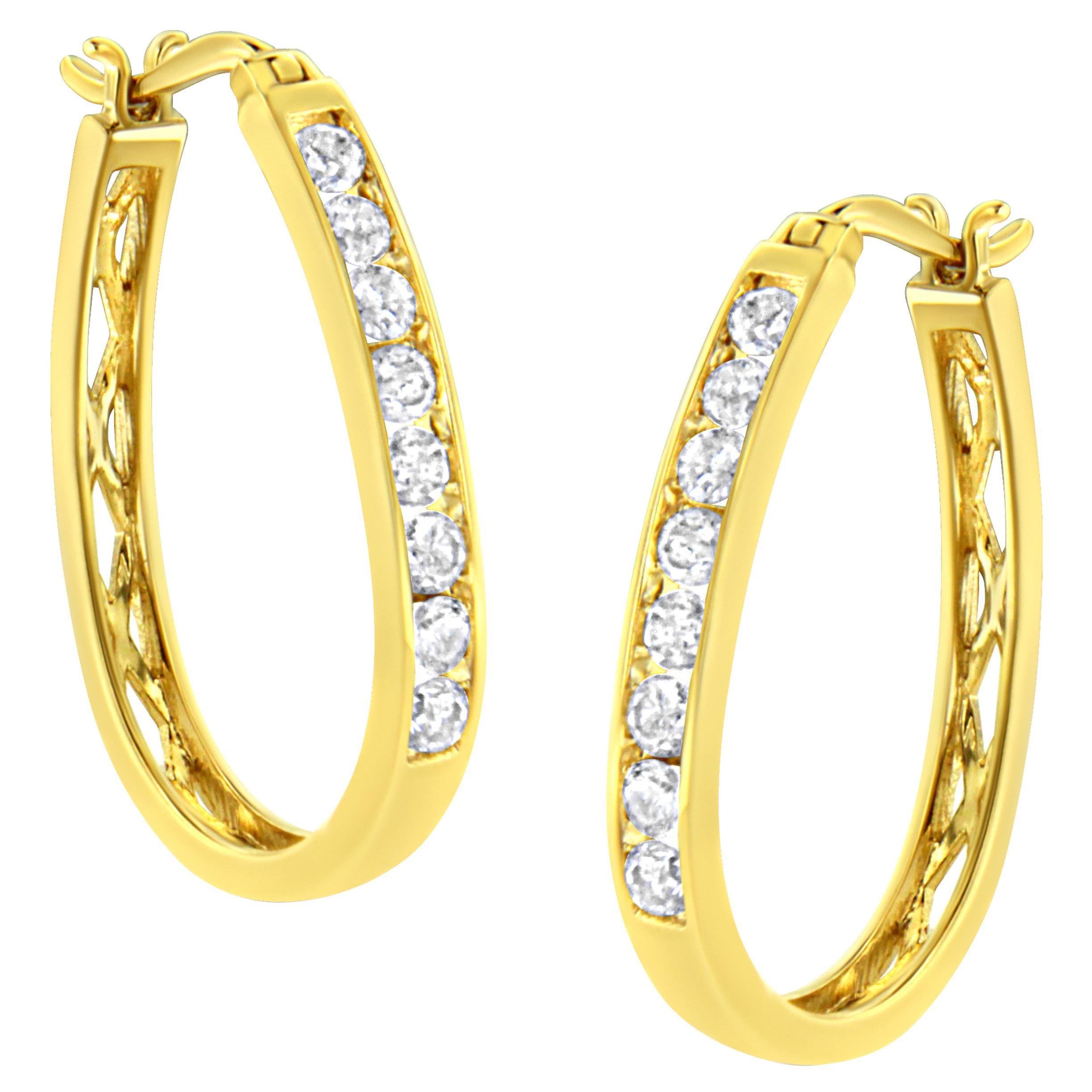 Yellow Gold Plated Sterling Silver Brilliant Round Diamond Hoop Earrings For Sale