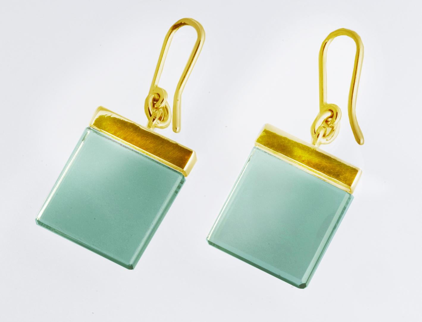 Art Deco Yellow Gold-Plated Sterling Silver Contemporary Earrings with Green Quartzes For Sale