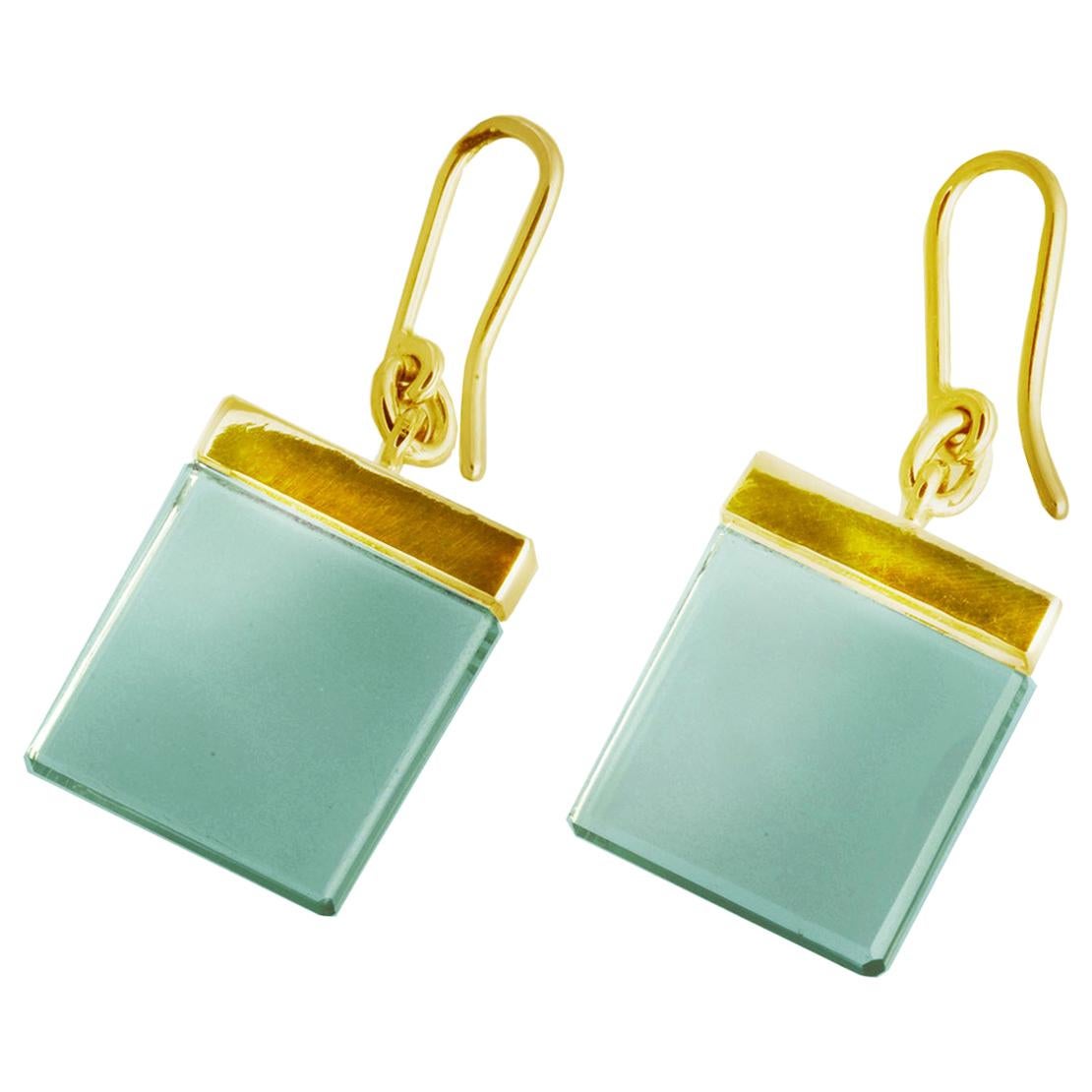 Yellow Gold-Plated Sterling Silver Contemporary Earrings with Green Quartzes For Sale