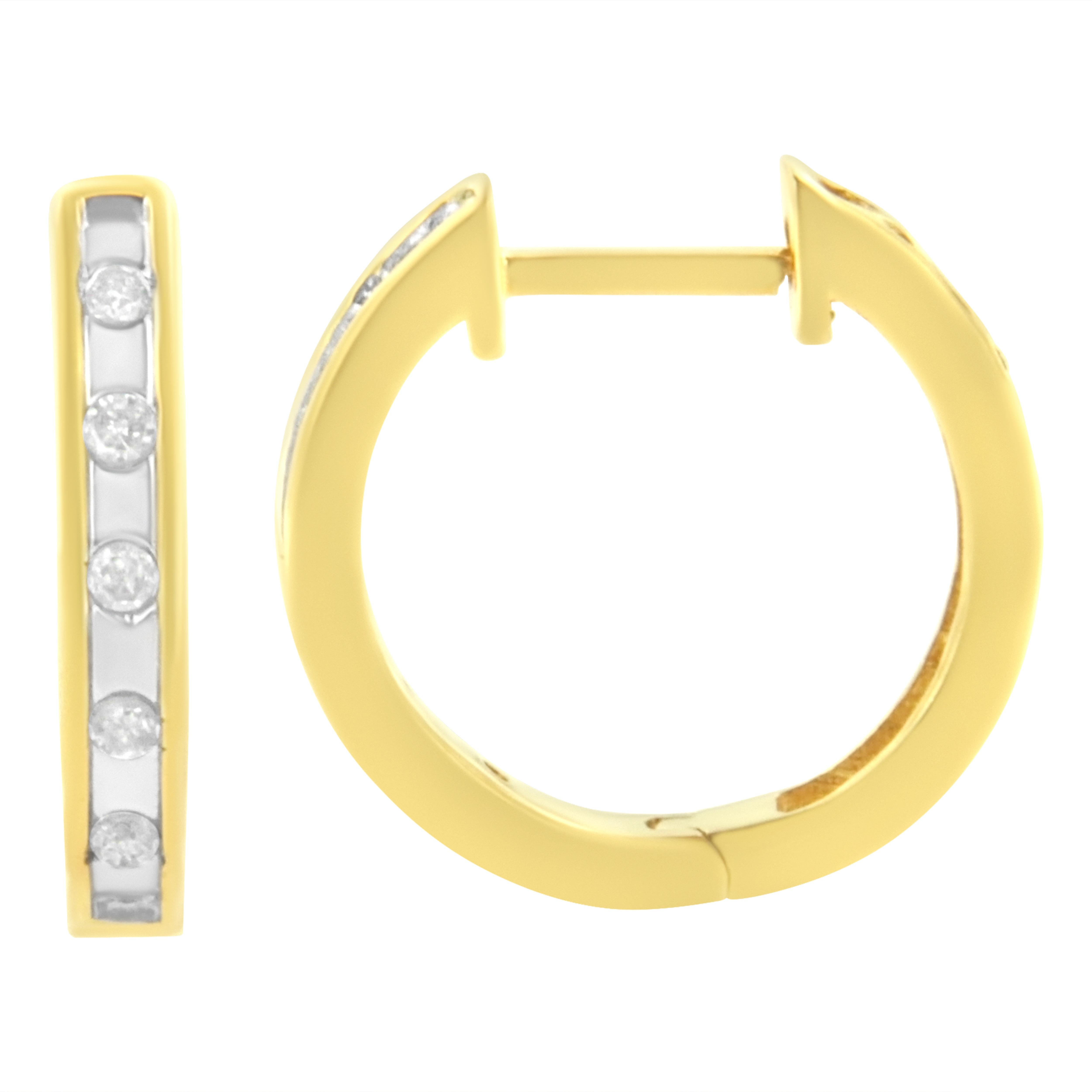 Make a statement with these 1/10 cttw diamond hoop earrings. Crafted in 10k yellow gold plated sterling silver, each of the earrings showcase five sparkling round cut diamonds on a channel setting that line the front of the hoop. A classic design