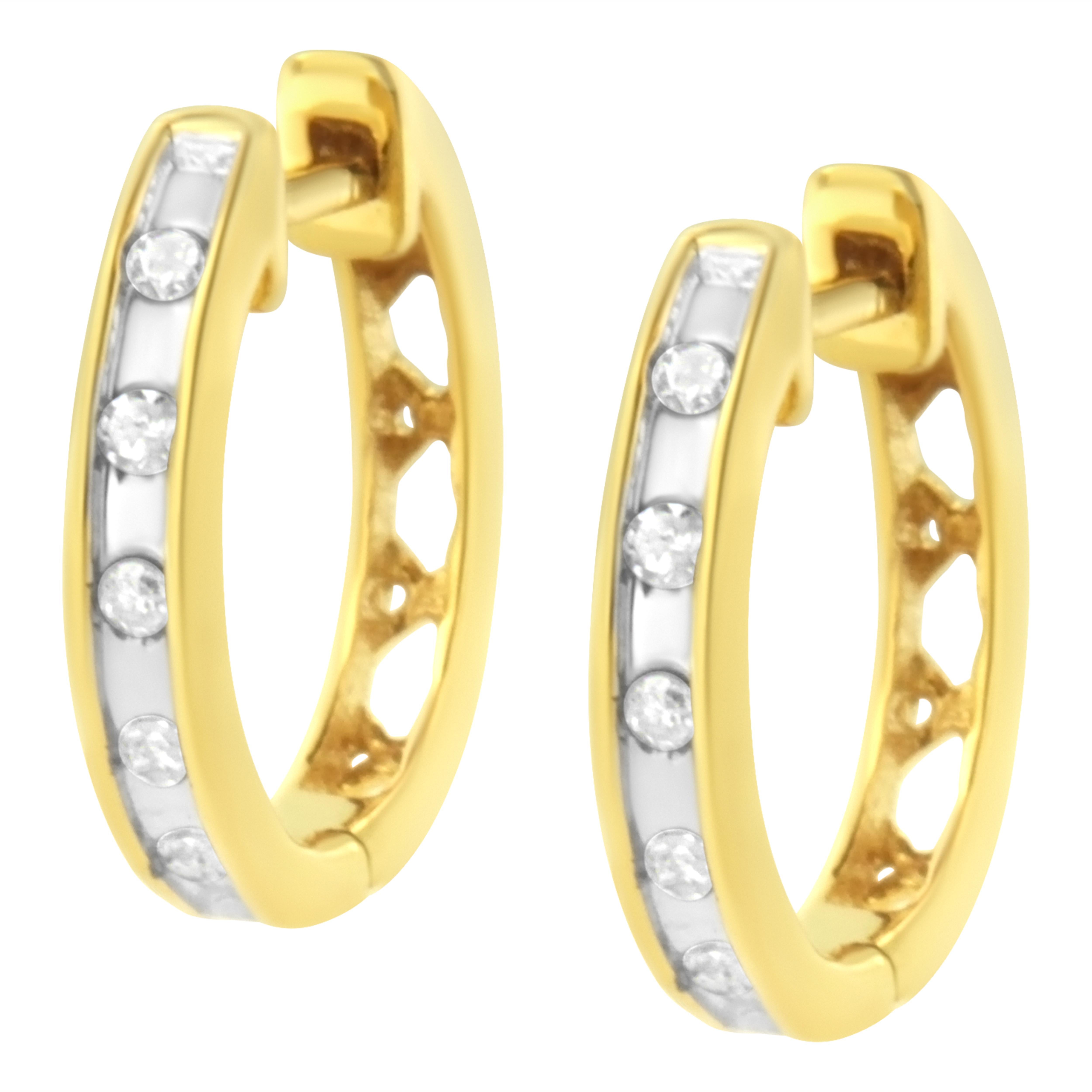 Contemporary Yellow Gold Plated Sterling Silver Diamond Accent Classic Hoop Earrings For Sale