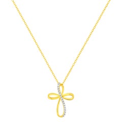 Yellow Gold Plated Sterling Silver Diamond Accent Cross Ribbon Pendant Necklace