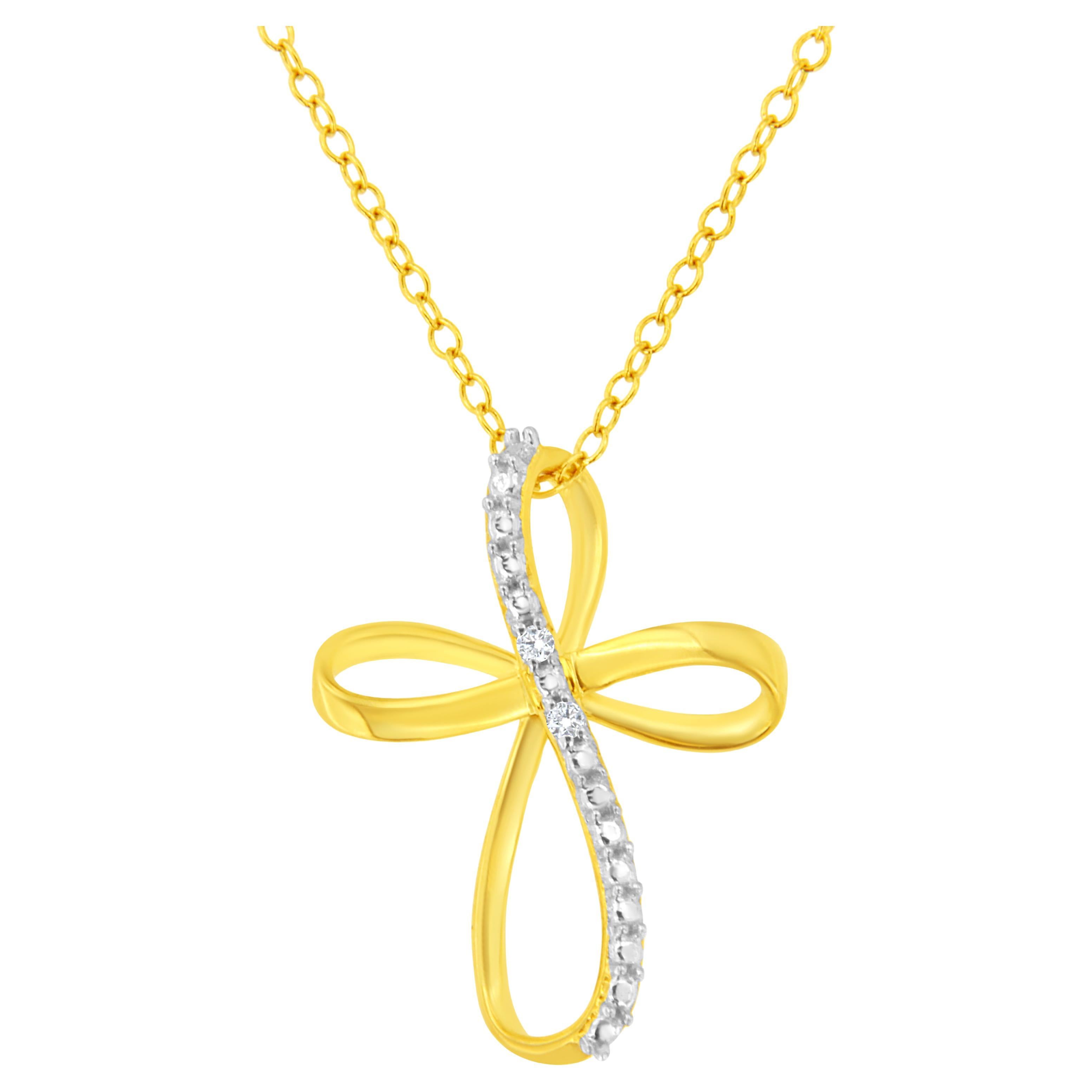Yellow Gold Plated Sterling Silver Diamond Accent Cross Ribbon Pendant Necklace For Sale
